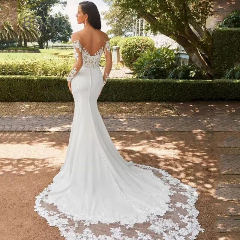 Long Sleeve Lace Mermaid Wedding Dresses Deep V Beach Bridal Gown Chapel Train