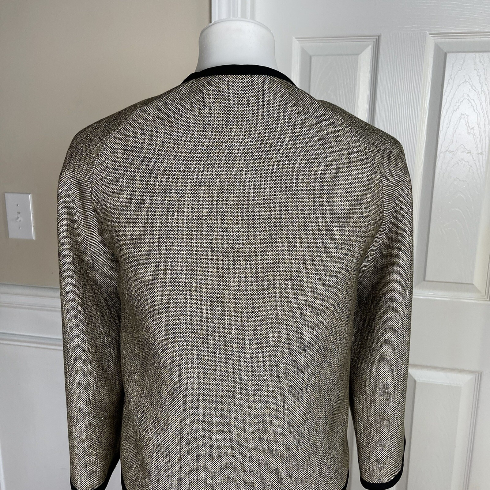 KASPER Polyester Rayon Blazer Size 10P Beige Black Open Front Collarless 1PC