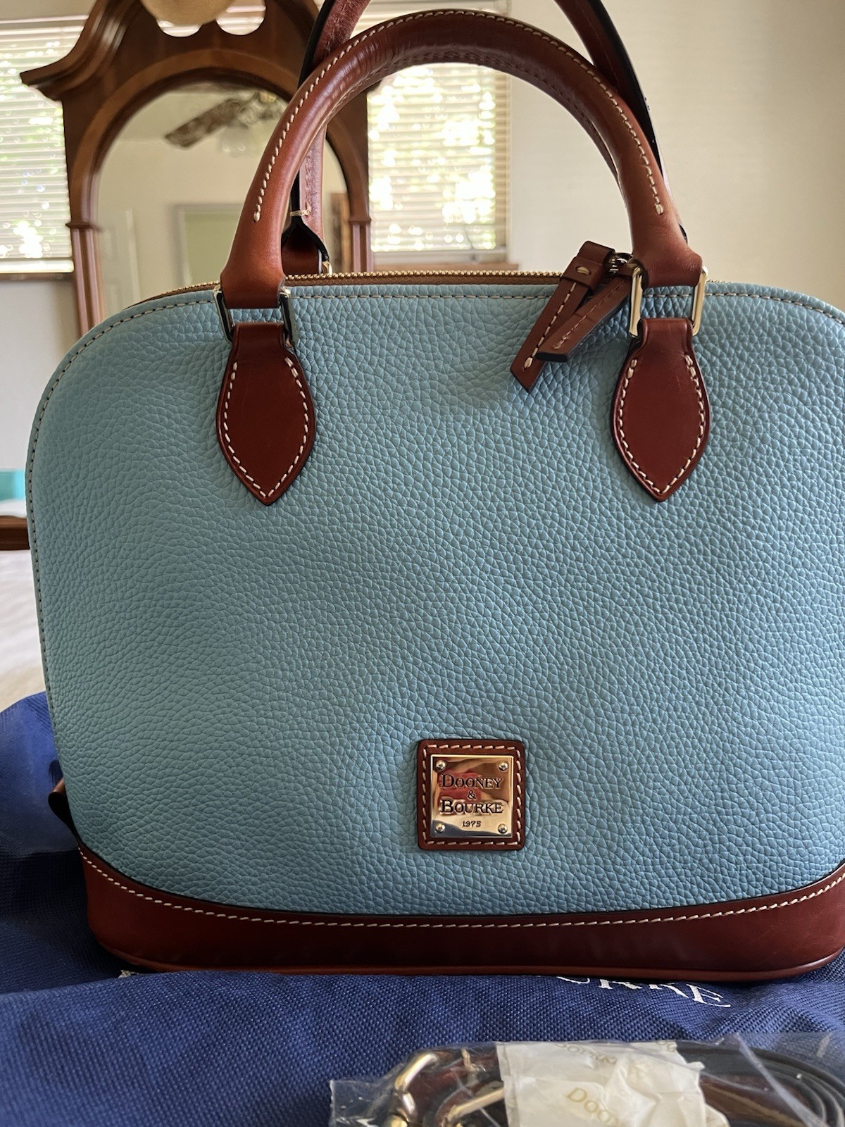 Dooney & Bourke Pebbled Dome Med Satchel Zip Blue/Brown Strap Dust Bag Gold HW