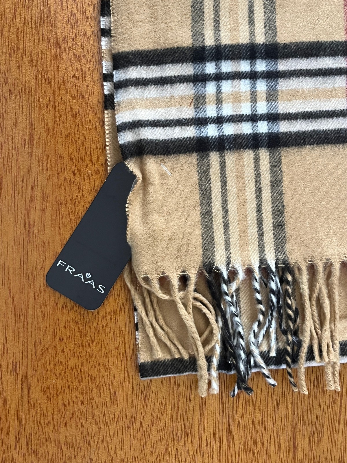 FRAAS made in GERMANY CAMEL PLAID WRAP SCARF FEEL CASHMINK 12″ X 62″ with TAG!