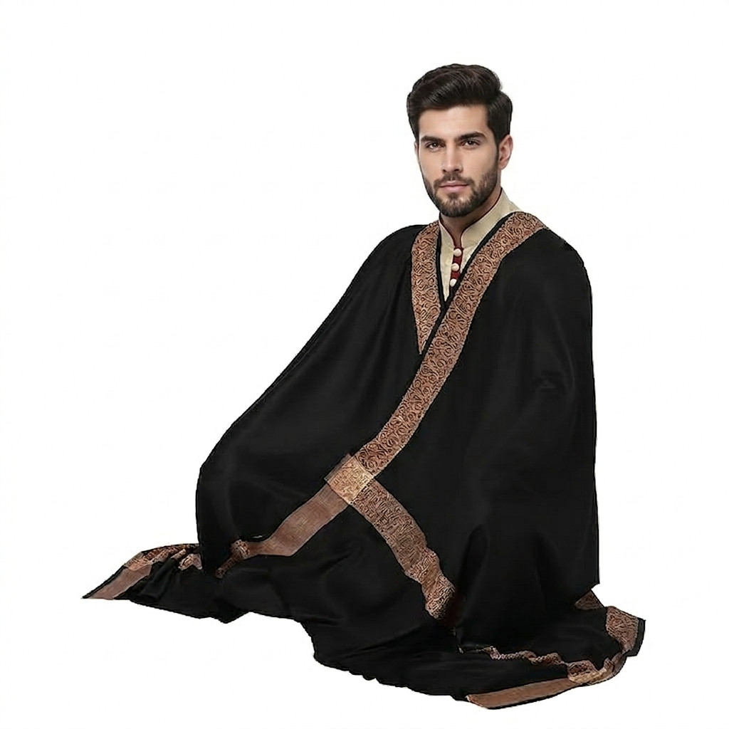Men’s Poly-Wool Lohi Shawl: 4-Side Jacquard Border, 50×100 Inches