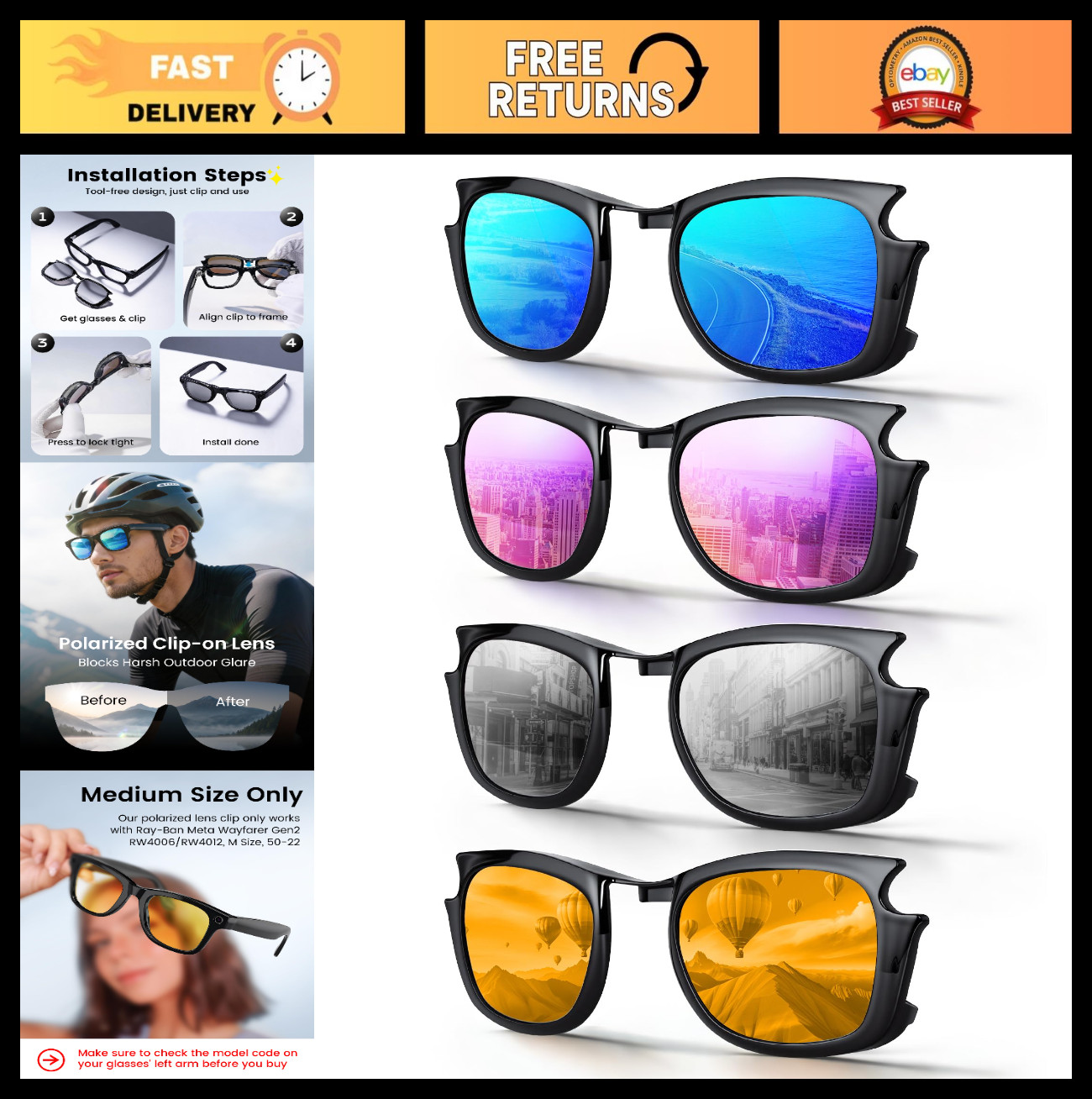 4PCS Polarized Snap-On Clips for Wayfarer Gen 2 – Shiny Black Frame, Multi-Color