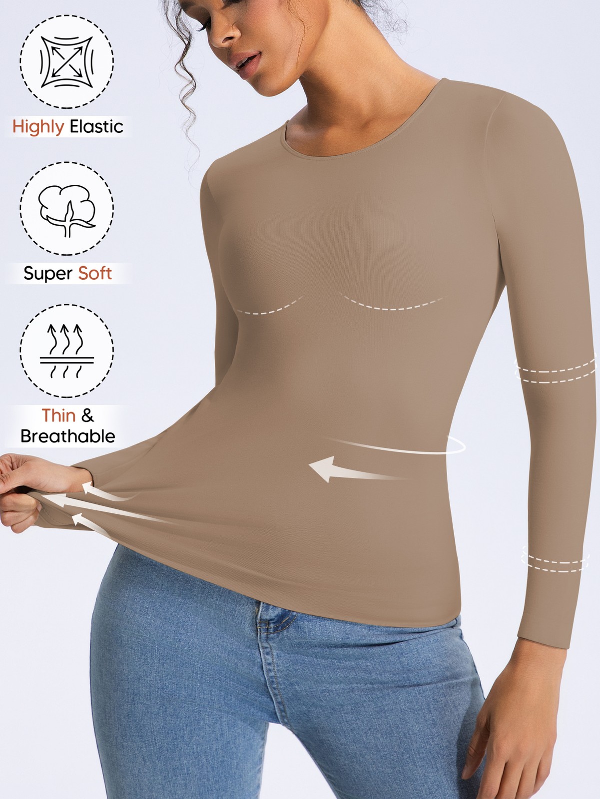 Women’s Long Sleeve Light Compression Shapewear – Seamless Waist Sculpting Top