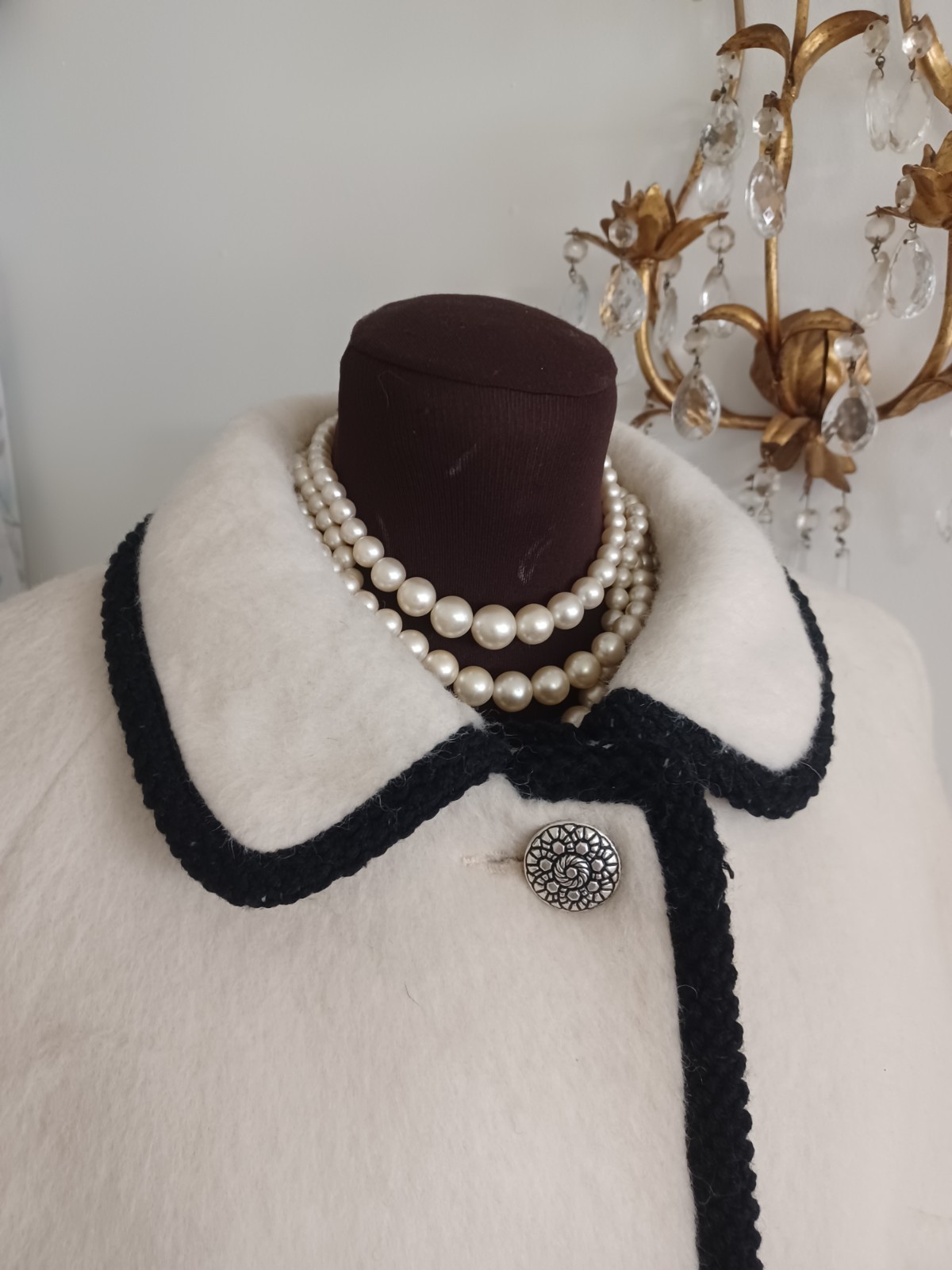 Vintage 60s LODEN WOOL Coat Beautiful Creamy White Black Trim JACKIE O M -L