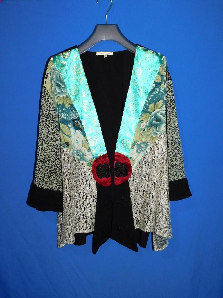 Spencer Alexis 2X Kimono Shirt Top Black Blue Beige Lace Artsy Whimsy USA Made