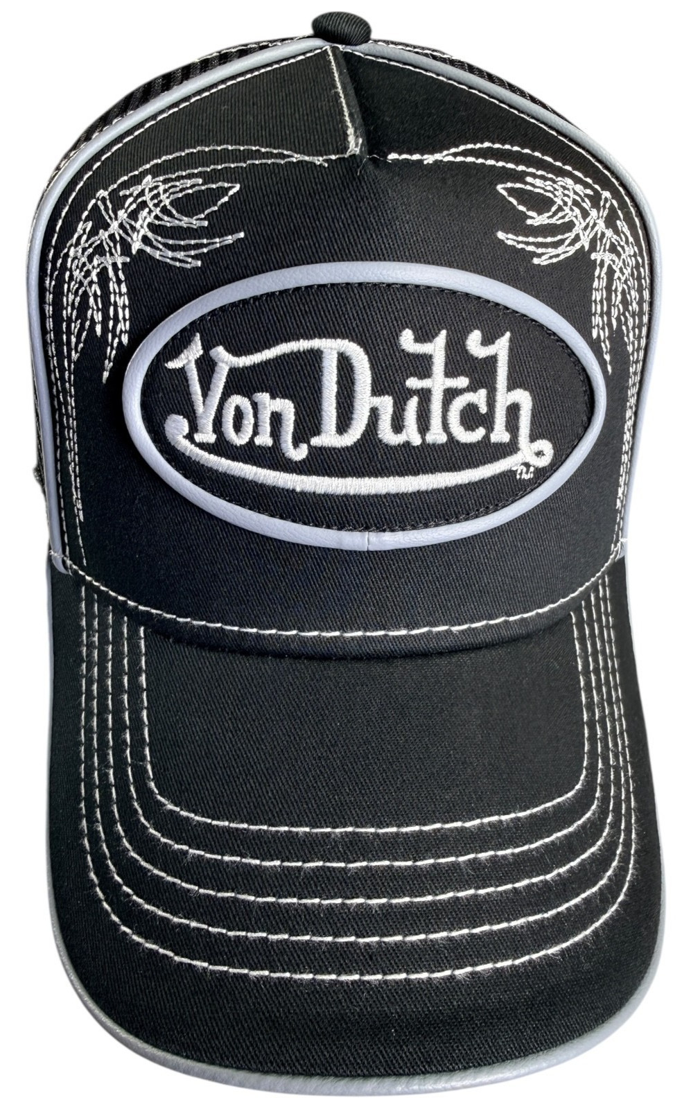 Von Dutch Hat SnapBack BIKER Trucker Mesh, PIPING TRIM, Patch Black NEW W/ TAGS!