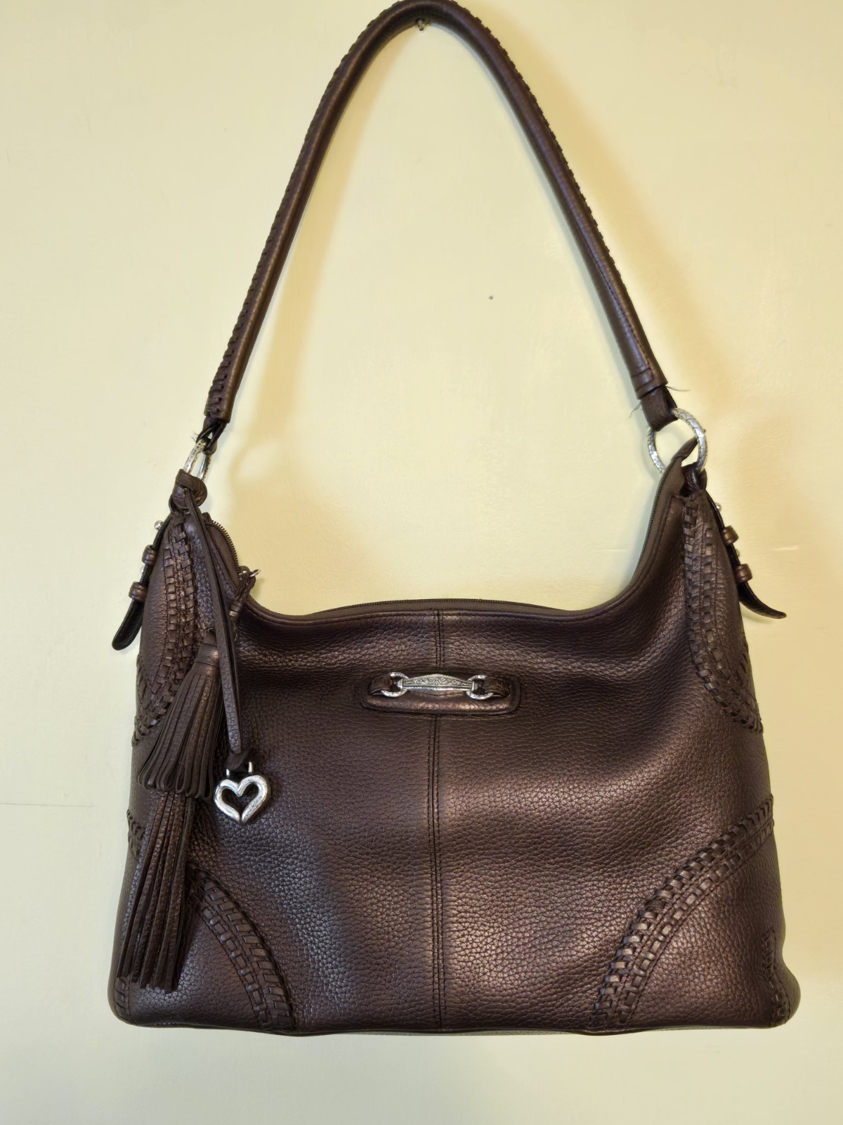 Brighton Bronze Pebbled Leather Tassel Braided Shoulder Bag Hobo Purse Handbag