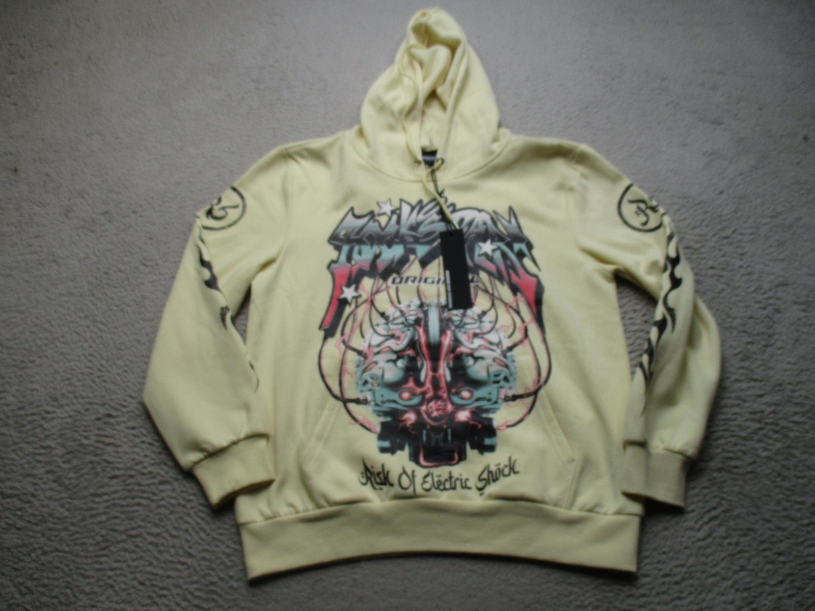 Rockstar Original Hoodie Mens M Yellow Skull Graphic Risk Of Electric Shock
