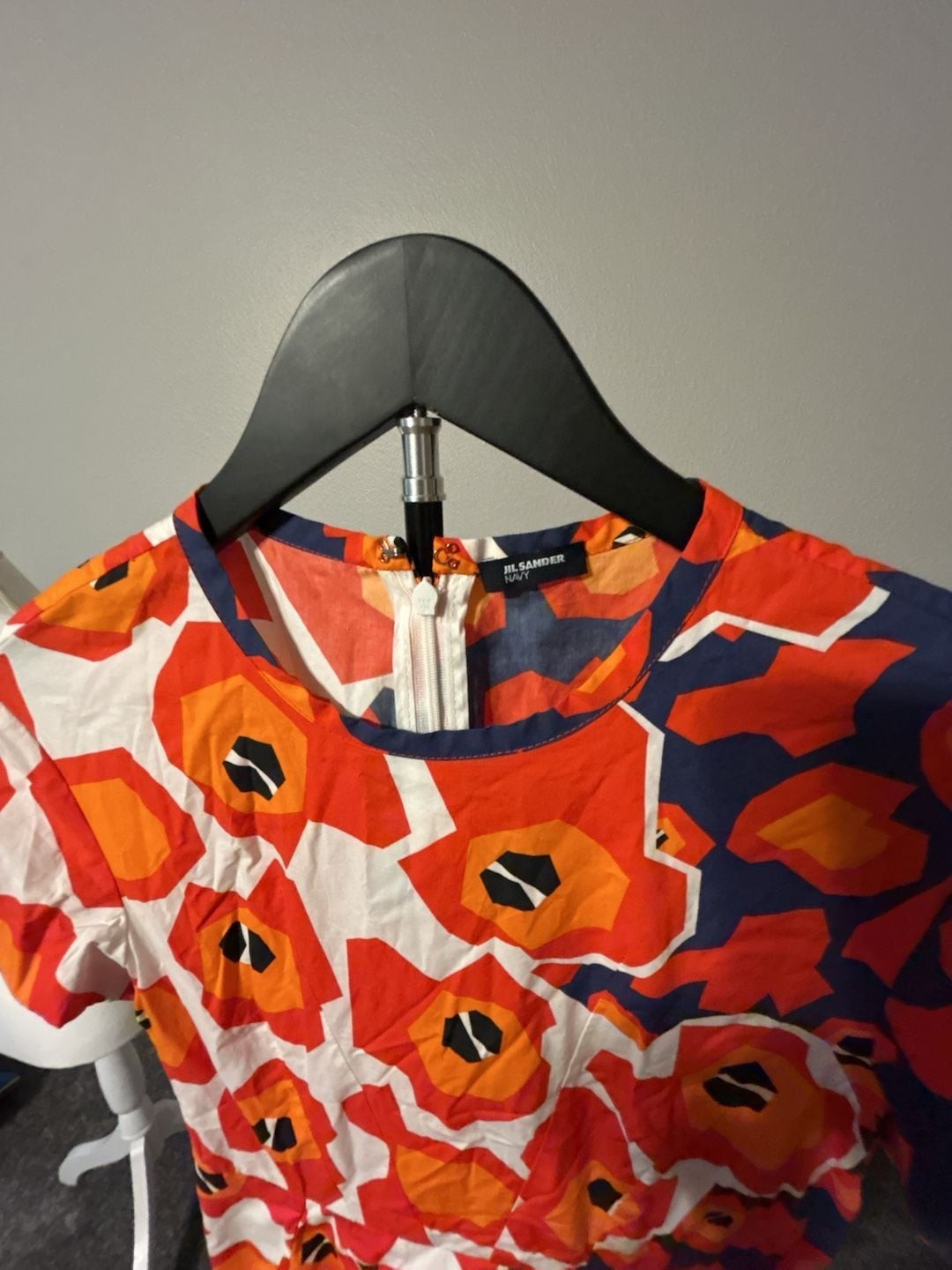 Jil Sander Navy Abstract Geometric Floral Print Cotton Sheath Dress