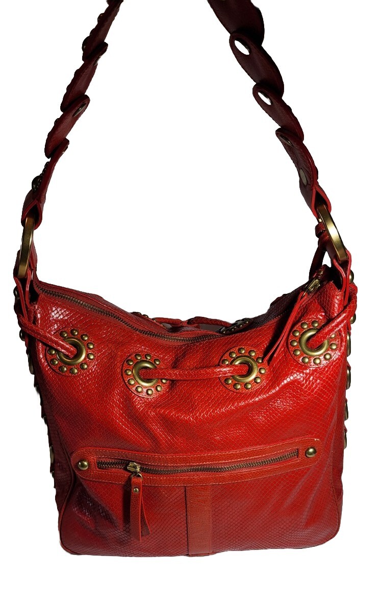ISABELLA FIORE SNAKE CHARMER RED STUDDED EMBOSSED LEATHER SHOULDER HANDBAG $695