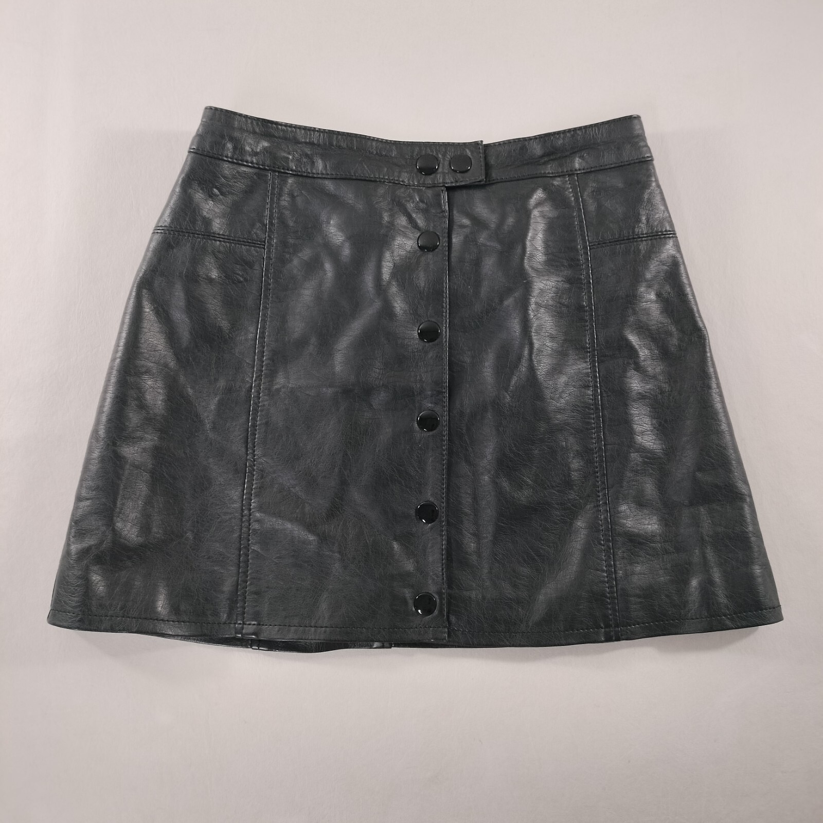H&M Divided Black Faux Leather Nylon Button Front Mini Skirt Womens Size 4