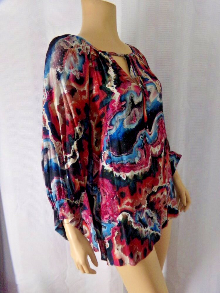KAREN KANE Blouse Top Peasant Large Berry Mountains Multi color loose fit NWT