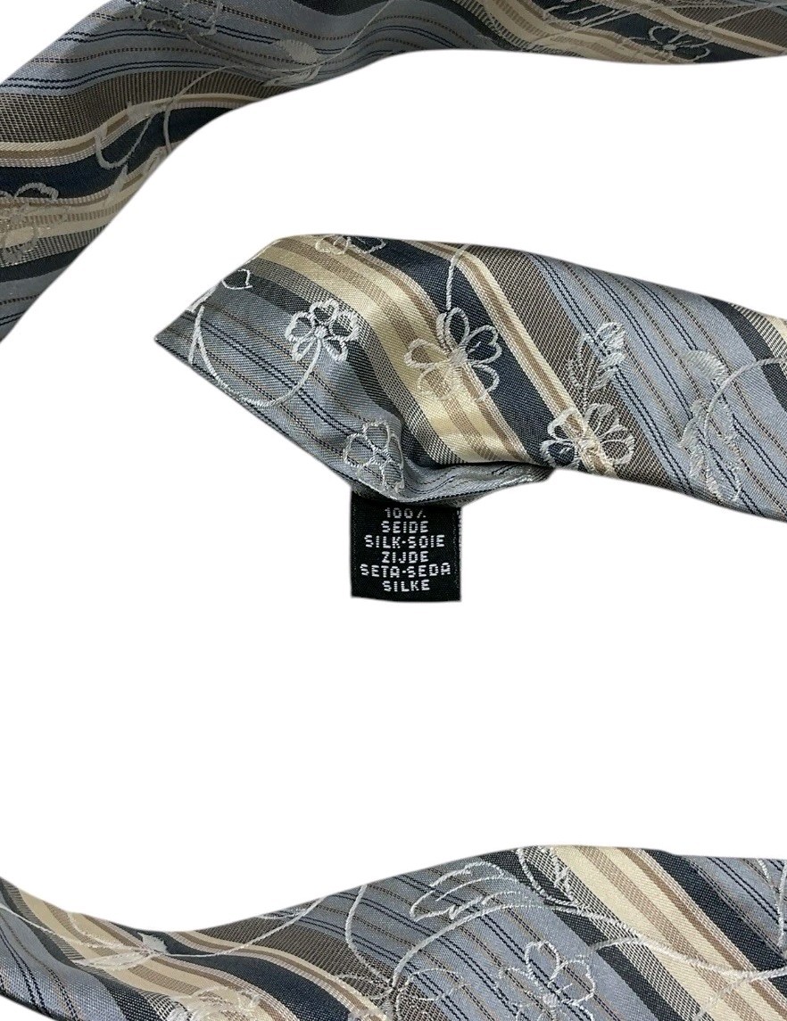 STRELLSON Men’s Silk Tie ITALY LUXURY Gray Beige Striped Floral W:3.7″ EUC