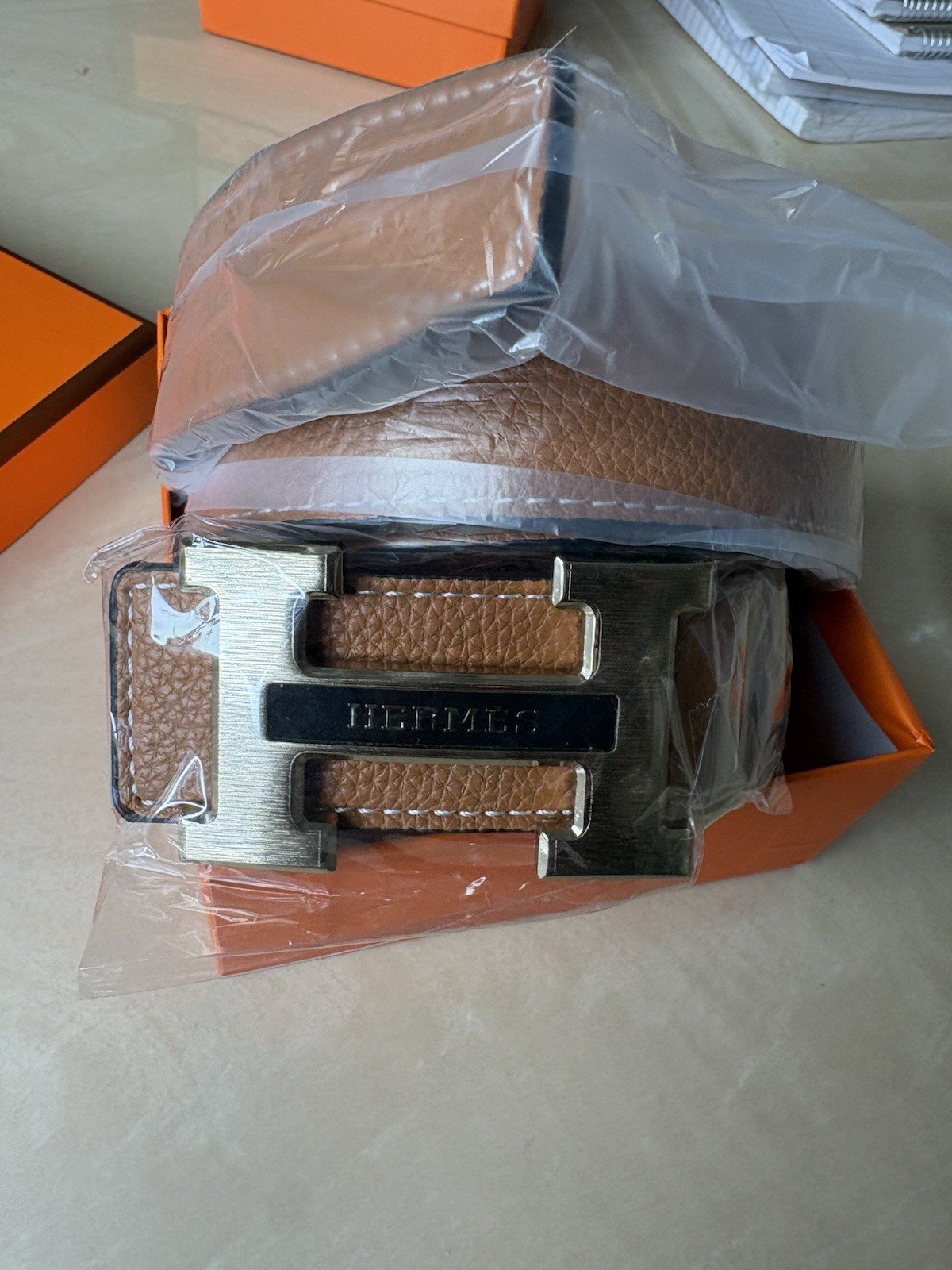 HERMÈS Men’s Adjustable Solid Belt Brown/Black Silver H Buckle w/ Box