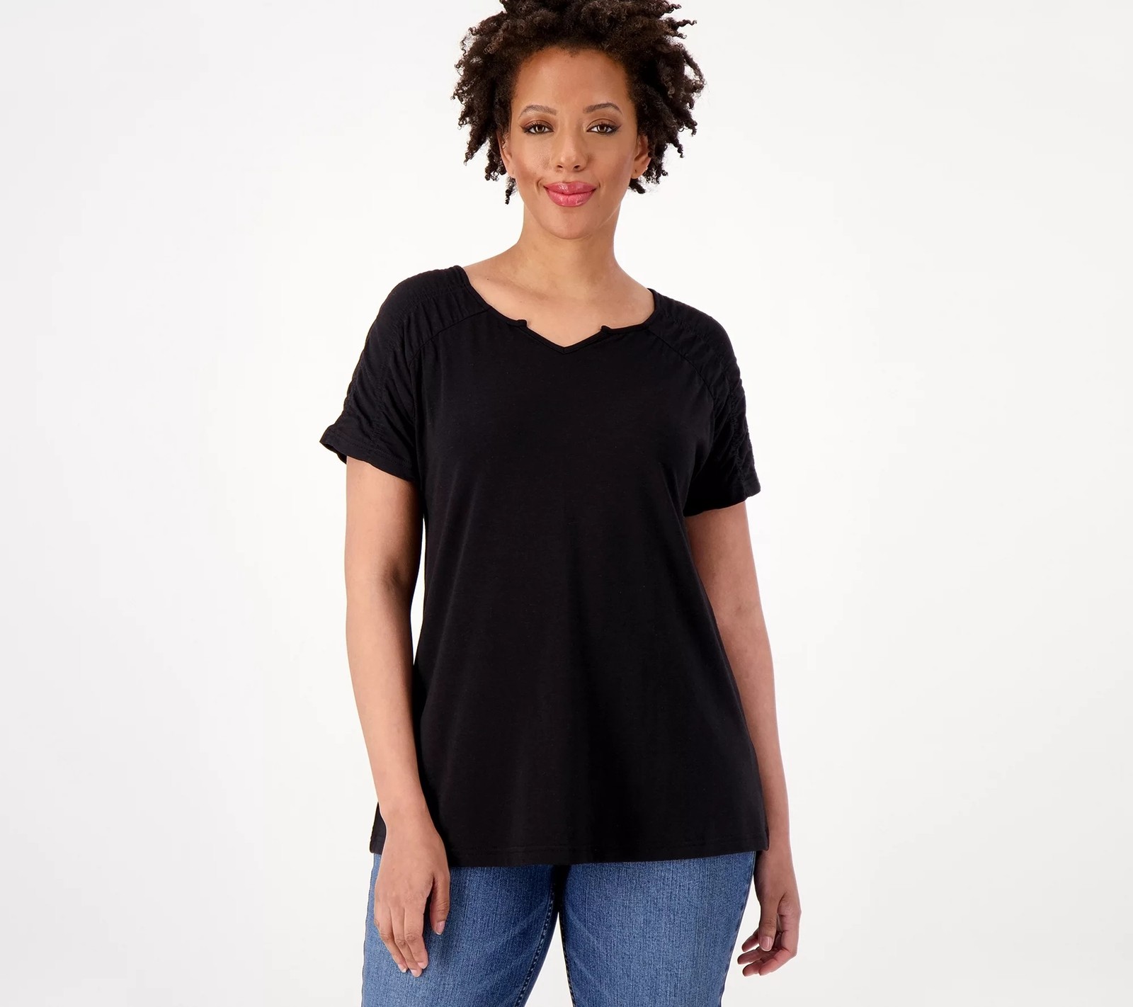 Laurie Felt Cotton Rayon Made From Bamboo Smocked Shoulder Short Sleeve Tee Blac