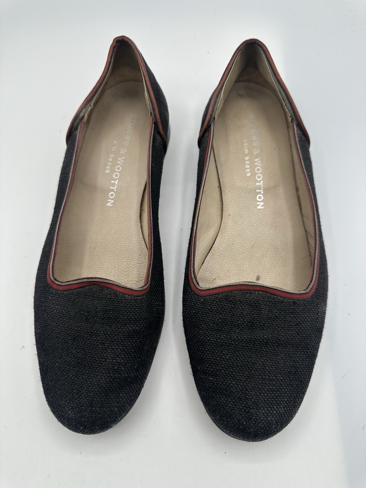 STUBBS & WOOTTON BLACK FABRIC CANVAS WEB GROSGRAIN TRIMMED LOAFER WOMEN SZ 8.5