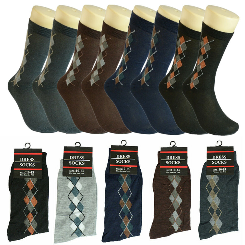 3-12 Pairs Mens Argyle Crew Multi Color Casual Dress Socks Cotton Size 10-13