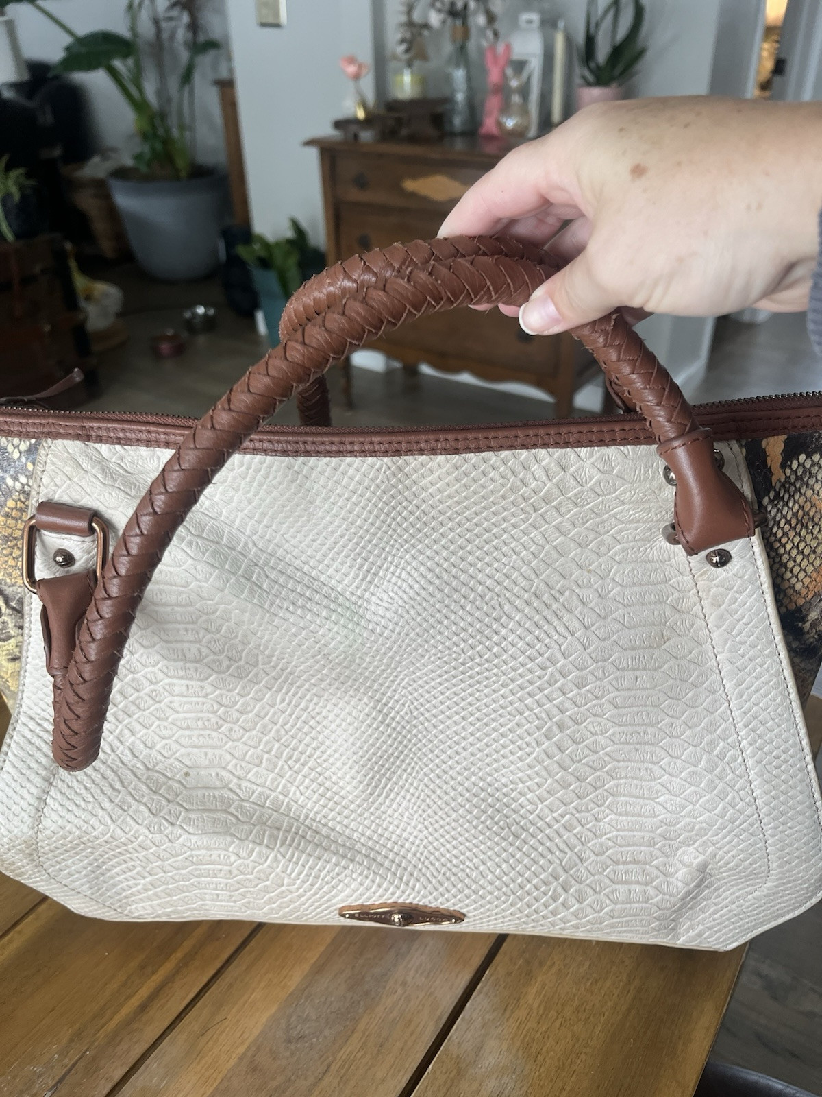 Elliot Lucca large satchel carryall ivory metallic gold tan Brown Orange Snake