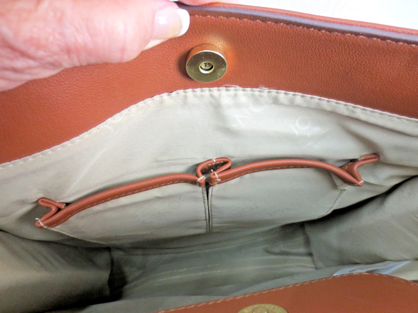 NWT JONES NEW YORK Abby Double Handle Gold Tan Brown Purse 13x12x3” Faux Leather