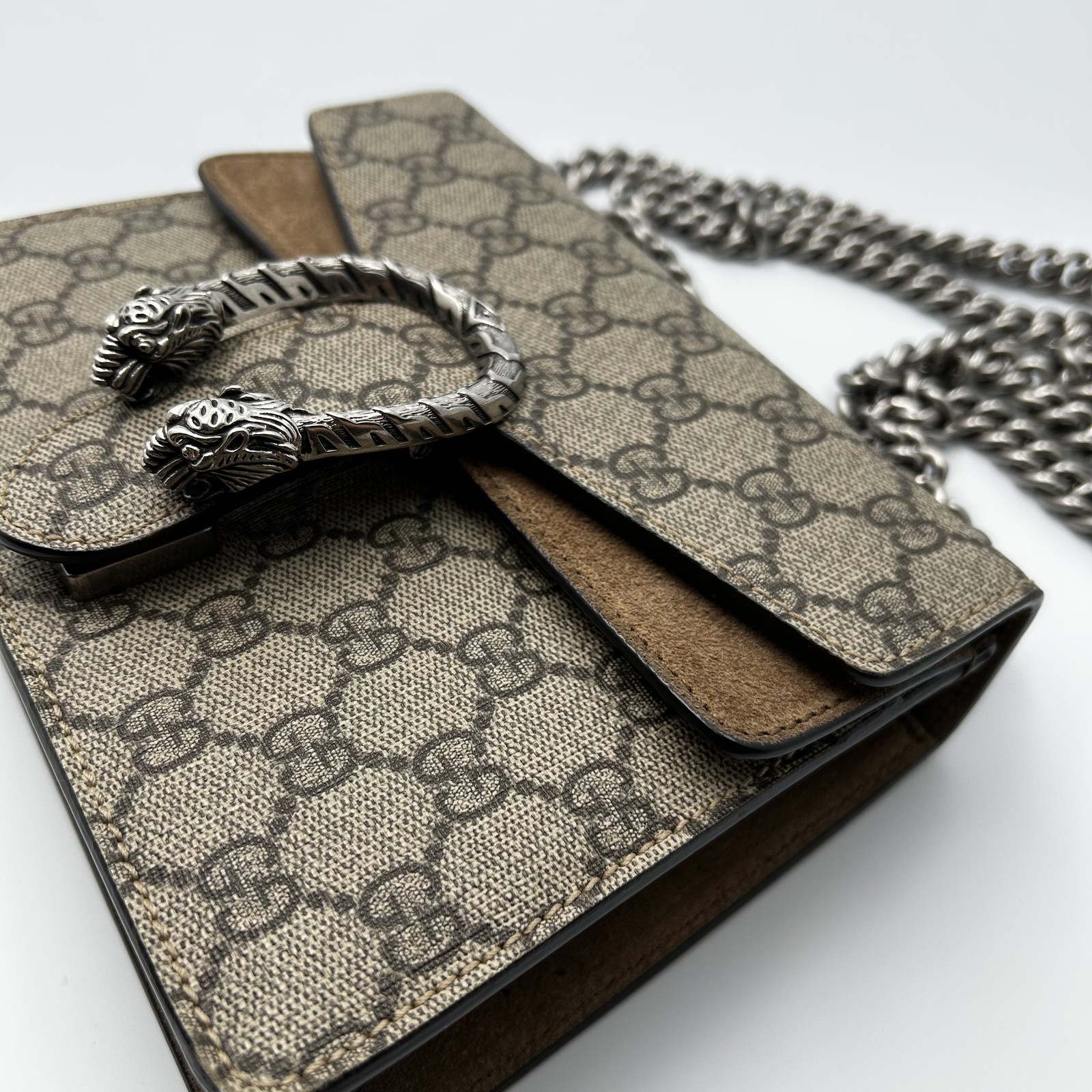 GUCCI Dionysus Mini GG Supreme Canvas Chain Crossbody Shoulder Bag Silver HW