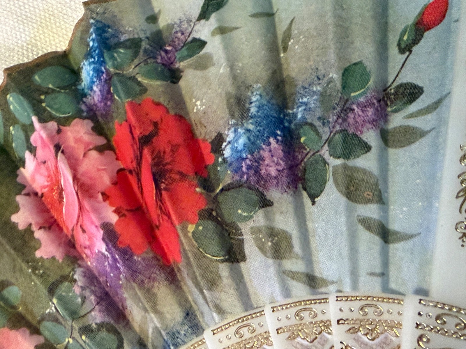 Vtg Giner Hand Fan Floral Flower Pink Wild Rose Wisteria Fabric Plastic Spain