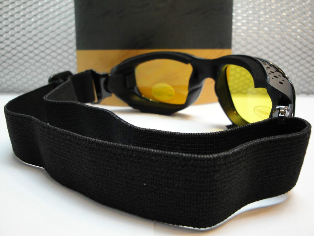 PADDED MOTORCYCLE Day or Night RIDING GOGGLES With Strap Black Frame Yellow Lens