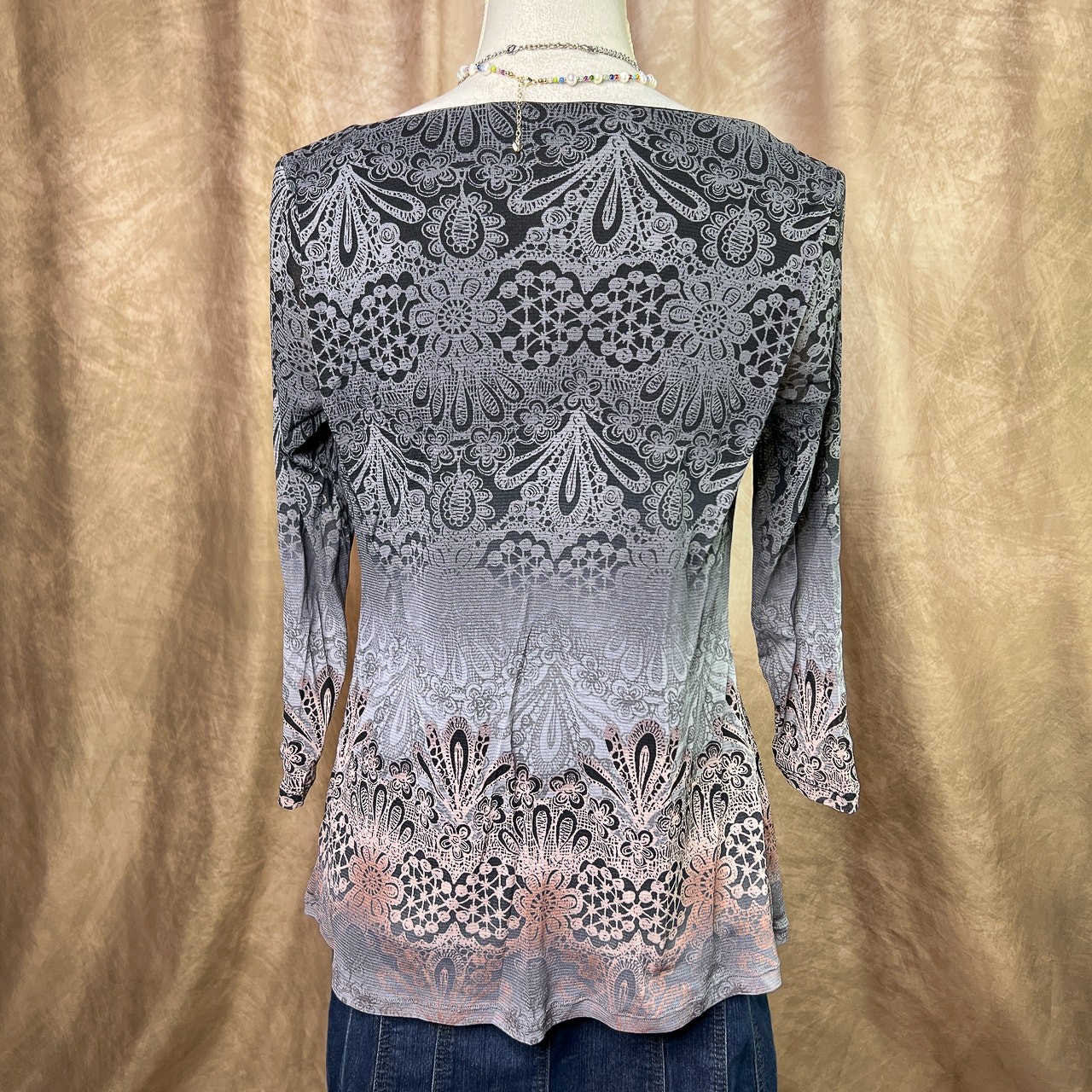 Y2K Boho Grunge Top Paisley Mesh Ombre Floral Cinched Front 3/4 Sleeve Indie