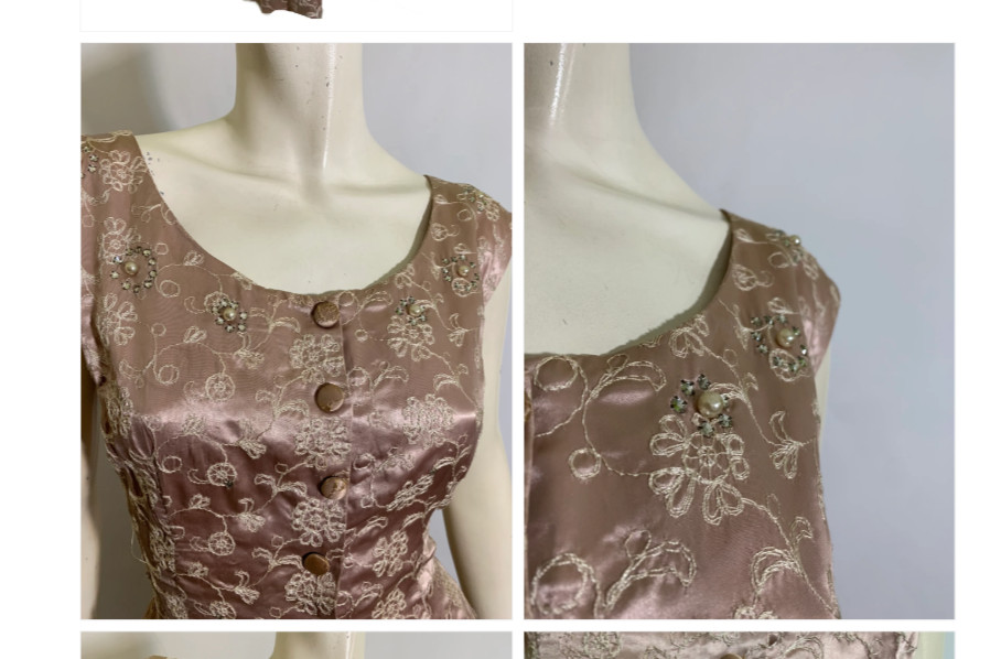 True Vintage 1950s Pale Pink Embroidered Satin Party Dress Rhinestones Pearls