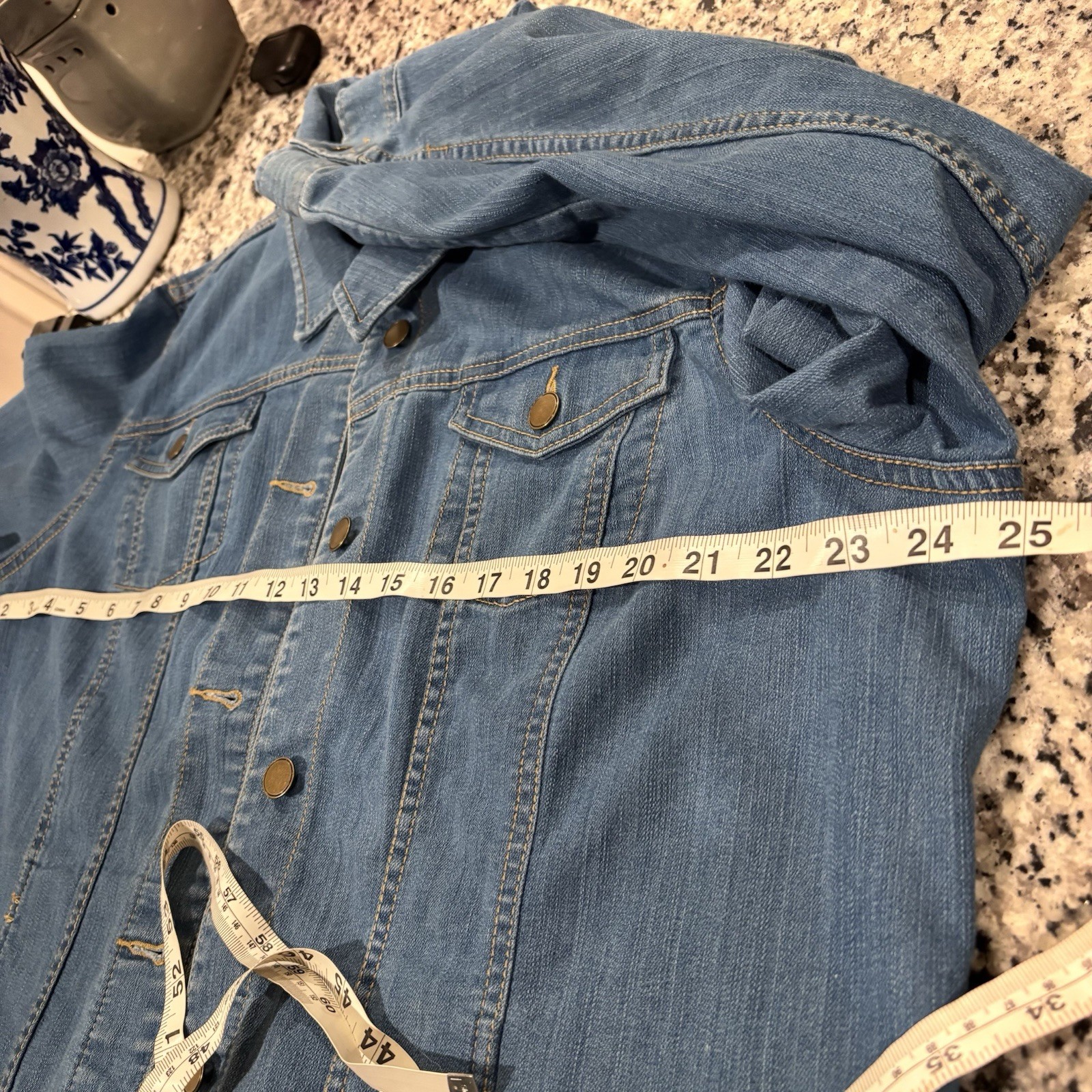 Blue Denim Jacket Button Front Chest Pockets Lightweight Classic Cotton Blend