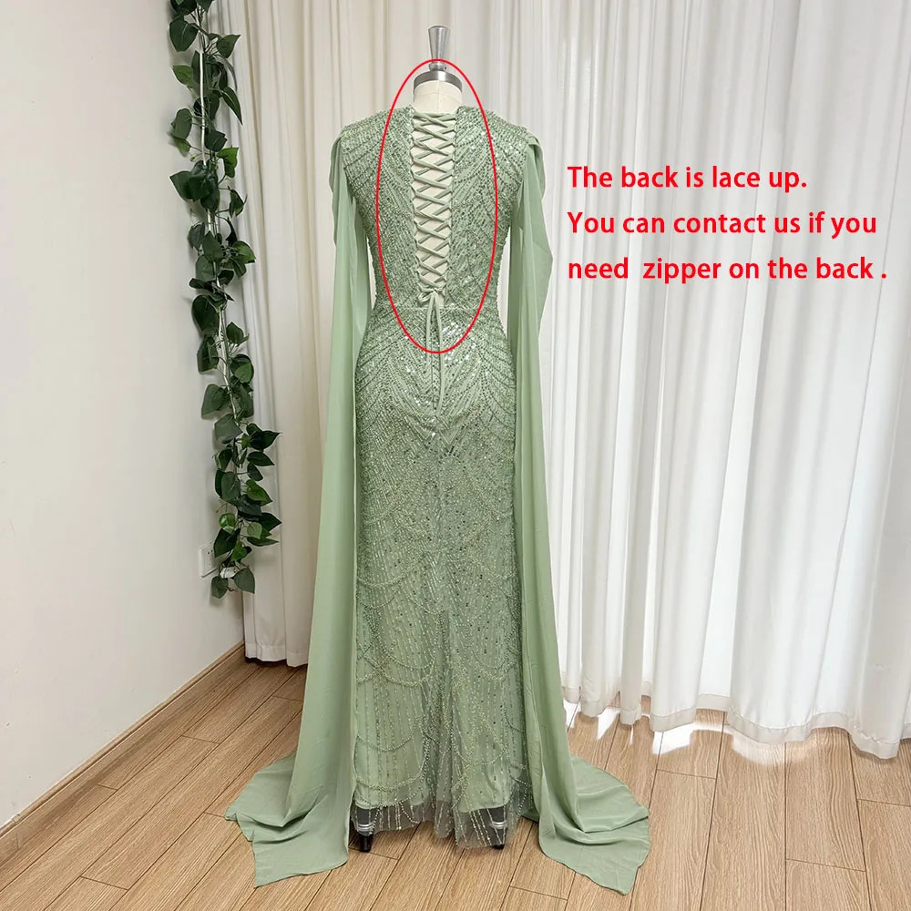 Evening Gown with Chiffon Cape Sleeves Pearls Formal Prom Dress for Customized