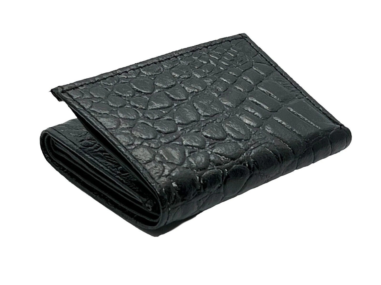 Black Croc Leather Mens Trifold Wallet Center Flap Credit Card Holder