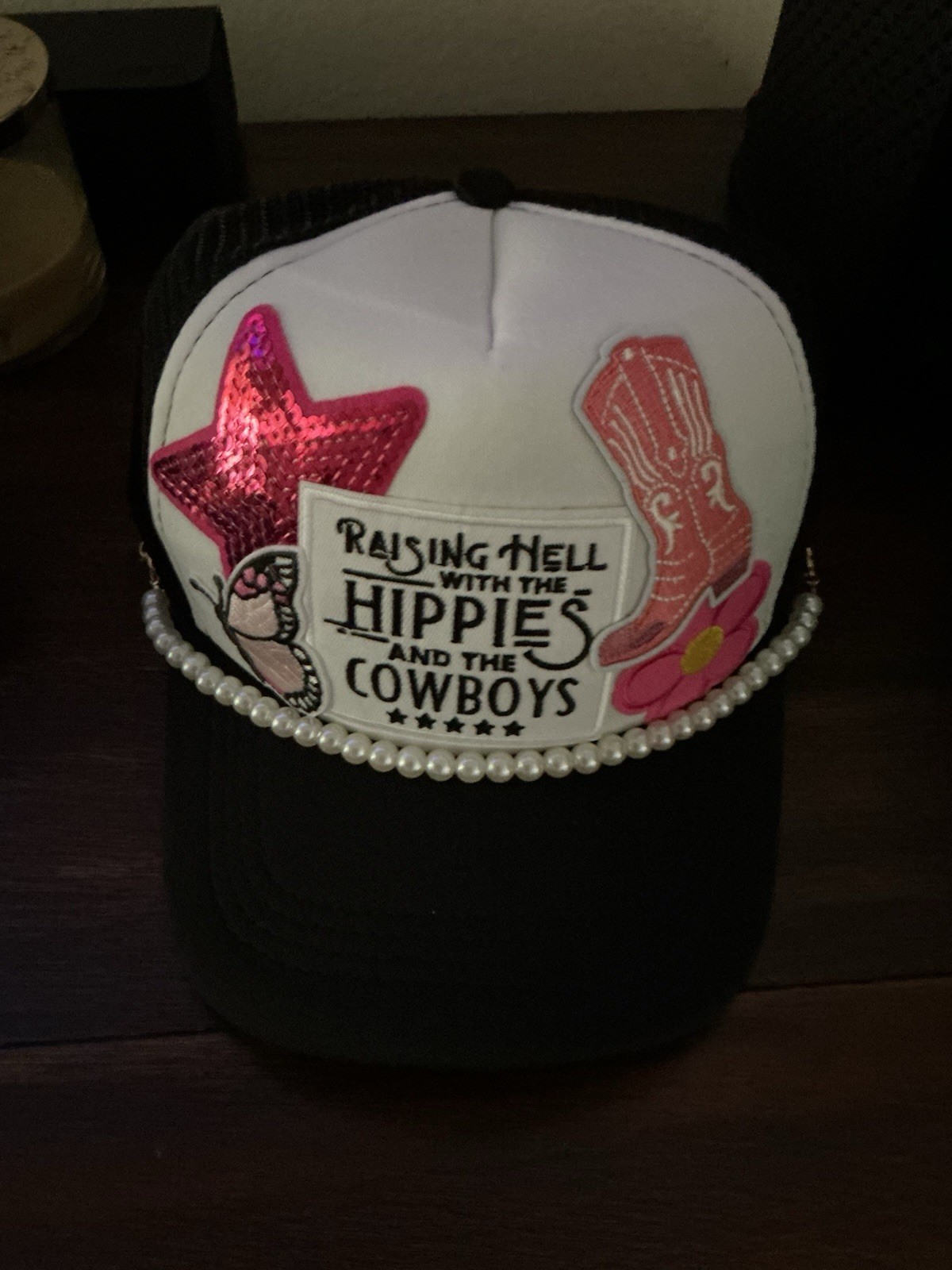 Trucker Hat One Size Adjustable Mesh Back Black White Pink “Raising Hell”