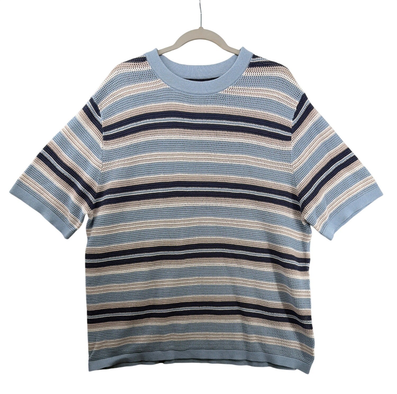CottonOn Men Knit Tee Sz L Blue/Tan/White Stripe Boxy Beachy Modern Casual Comfy