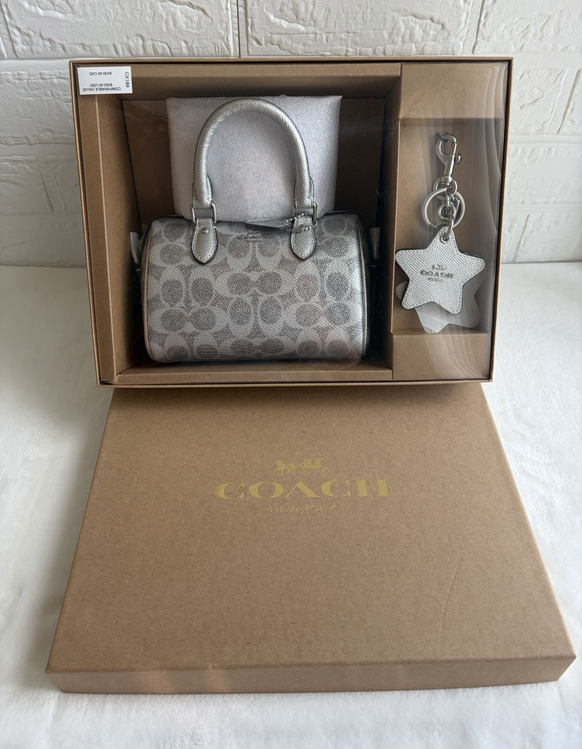 Coach Signature Logo Mini Satchel Metallic Silver/Gray Zip Strap Star Charm