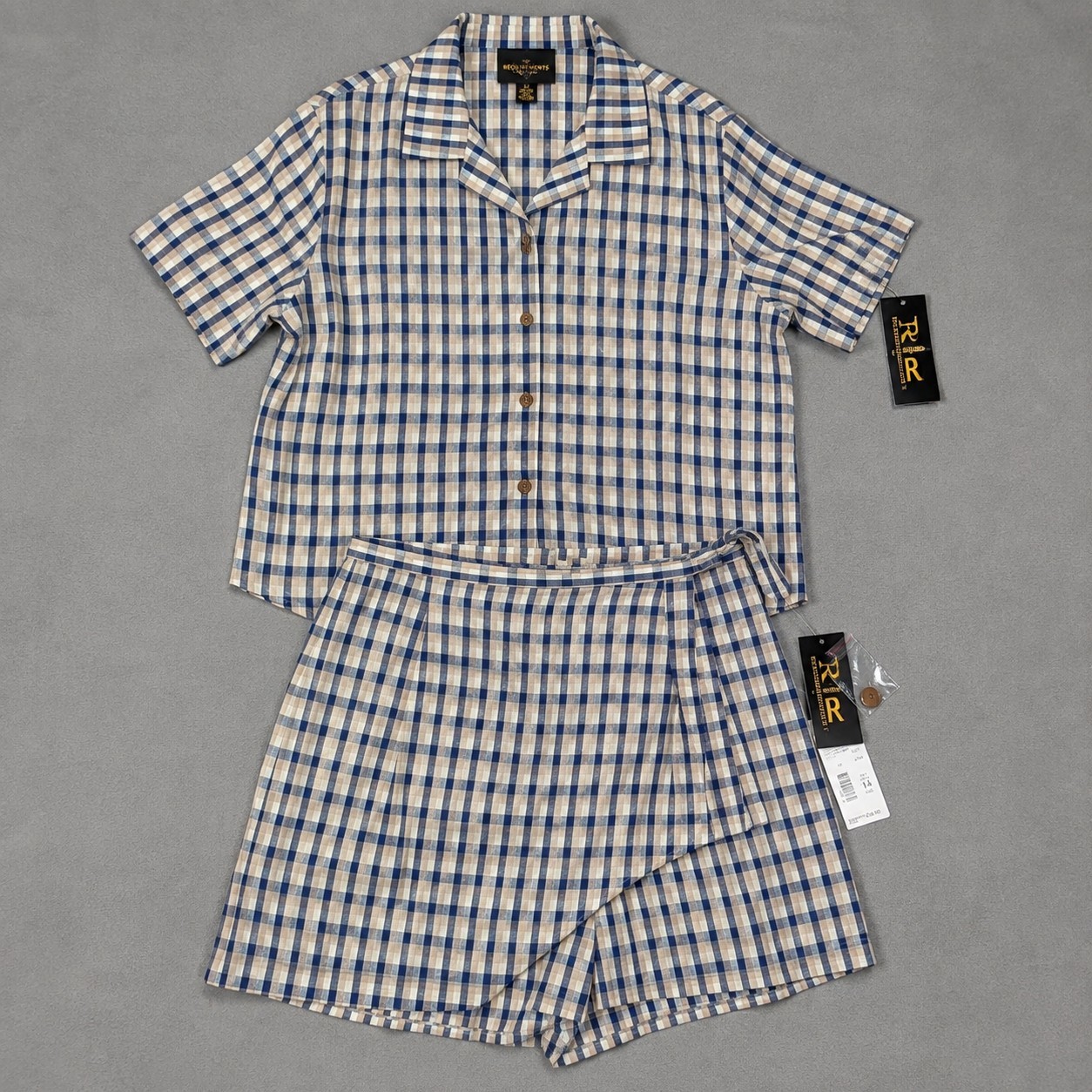 Requirements Women 14 16 Blue Beige Vintage 90s NWT Linen Plaid Shirt Skort Sets
