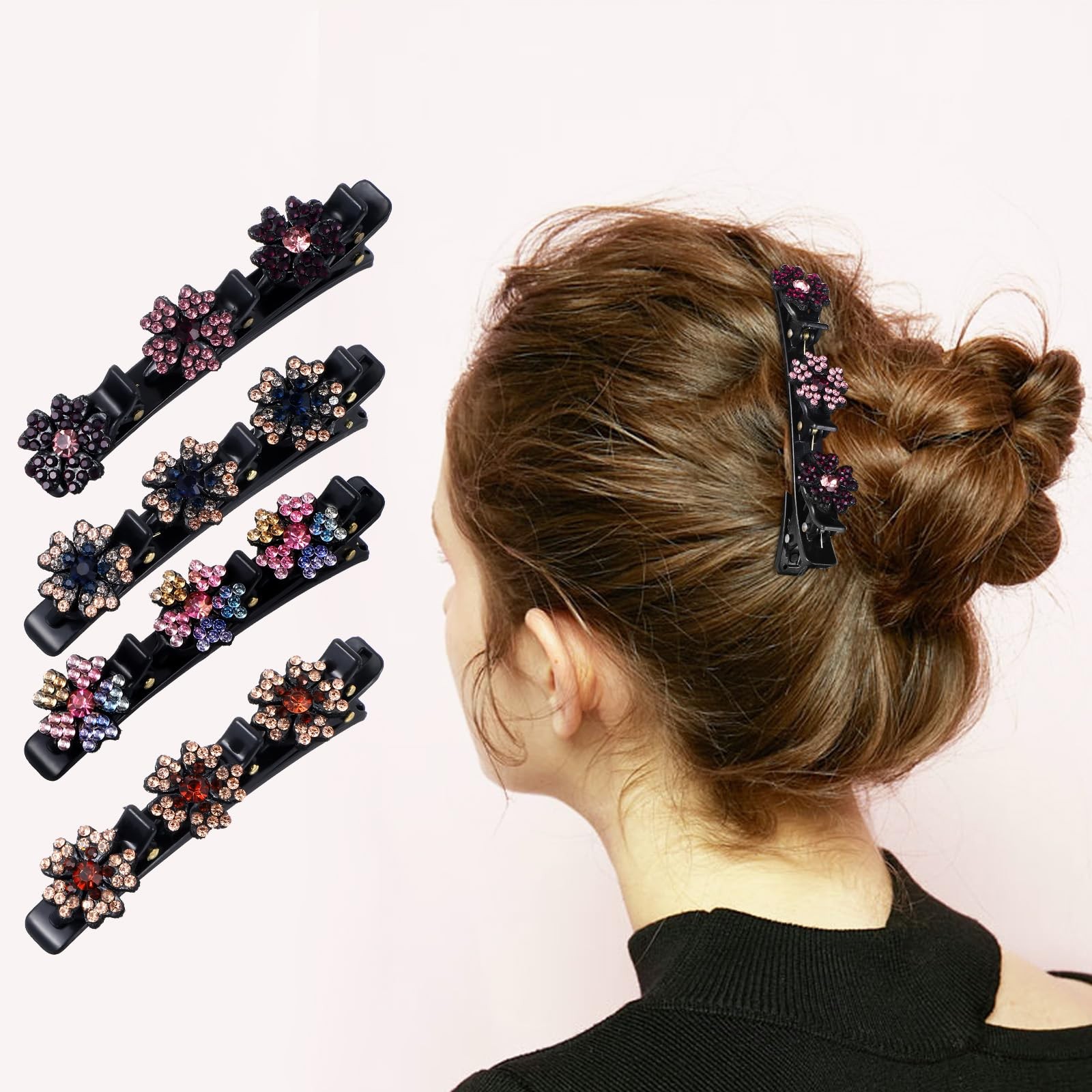 4PCS Sparkling Crystal Stone Braided Hair Clips with 3 Small Clips