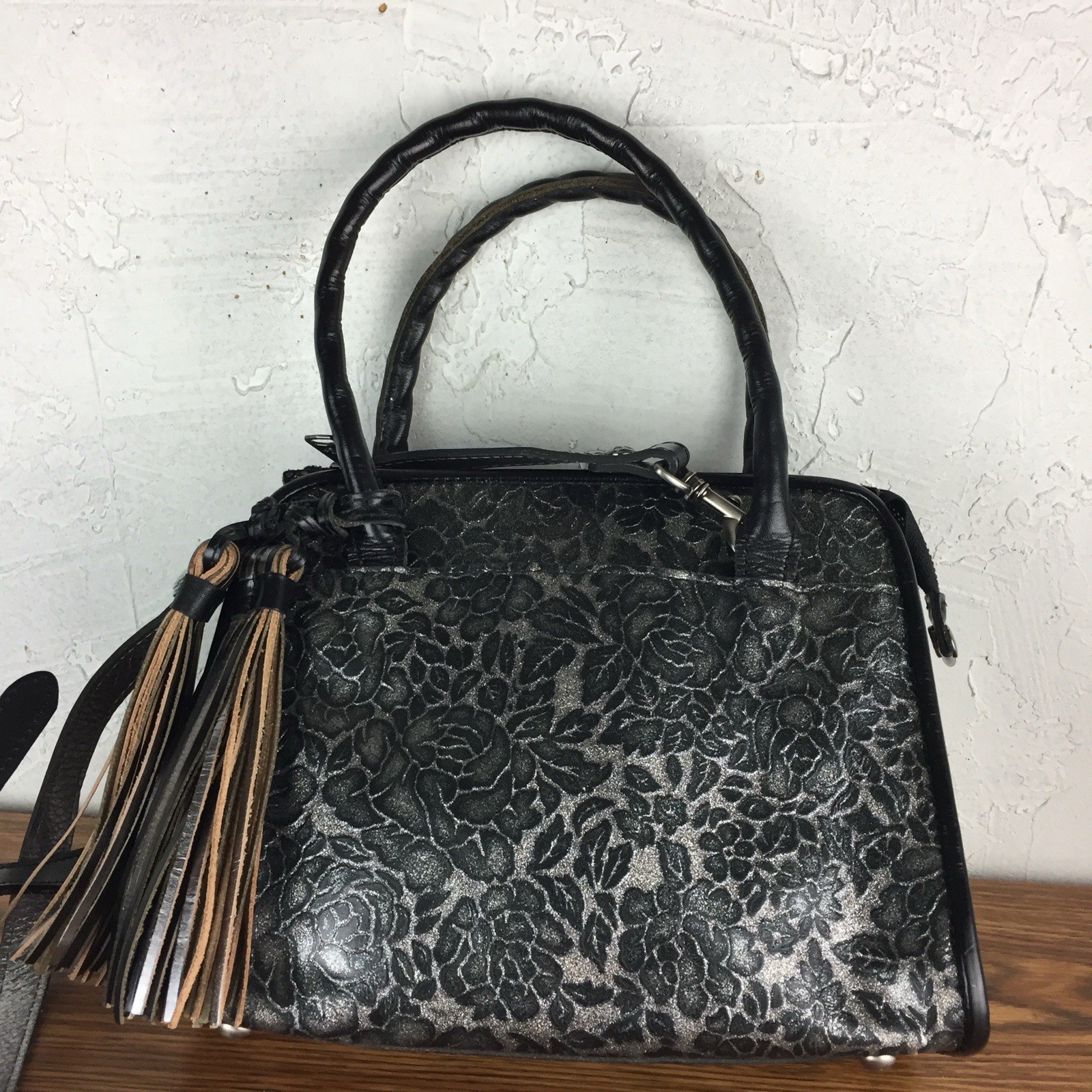 PATRICIA NASH Small Paris Glitter Rose Leather Satchel Crossbody Tassels