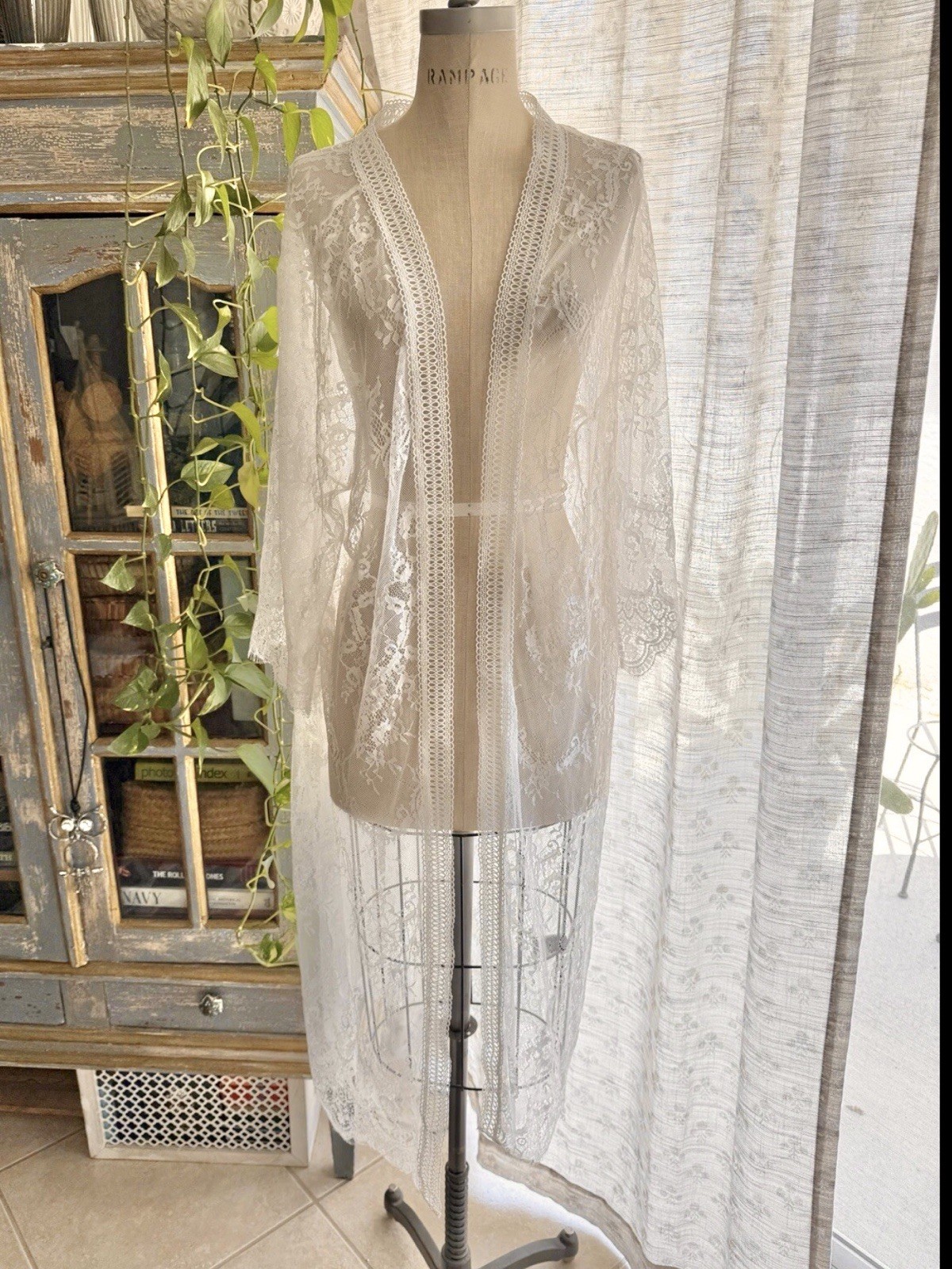 Boho Sheer Floral Lace Long Duster Kimono Cardigan Festival Bohemian White 3X
