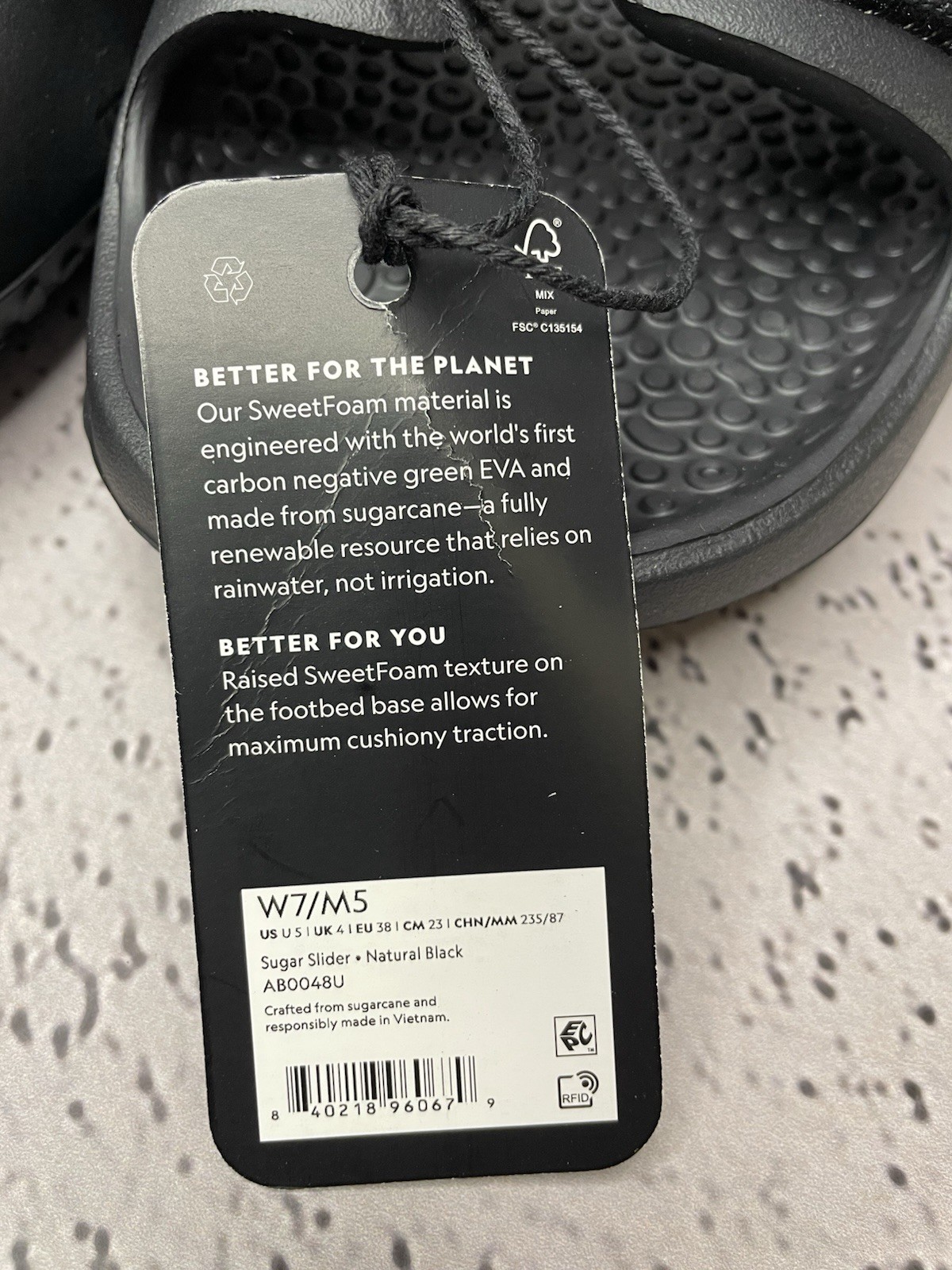 Allbirds Unisex Sugar Sliders Slide Sandals Black Eco Friendly Size W 7 M 5