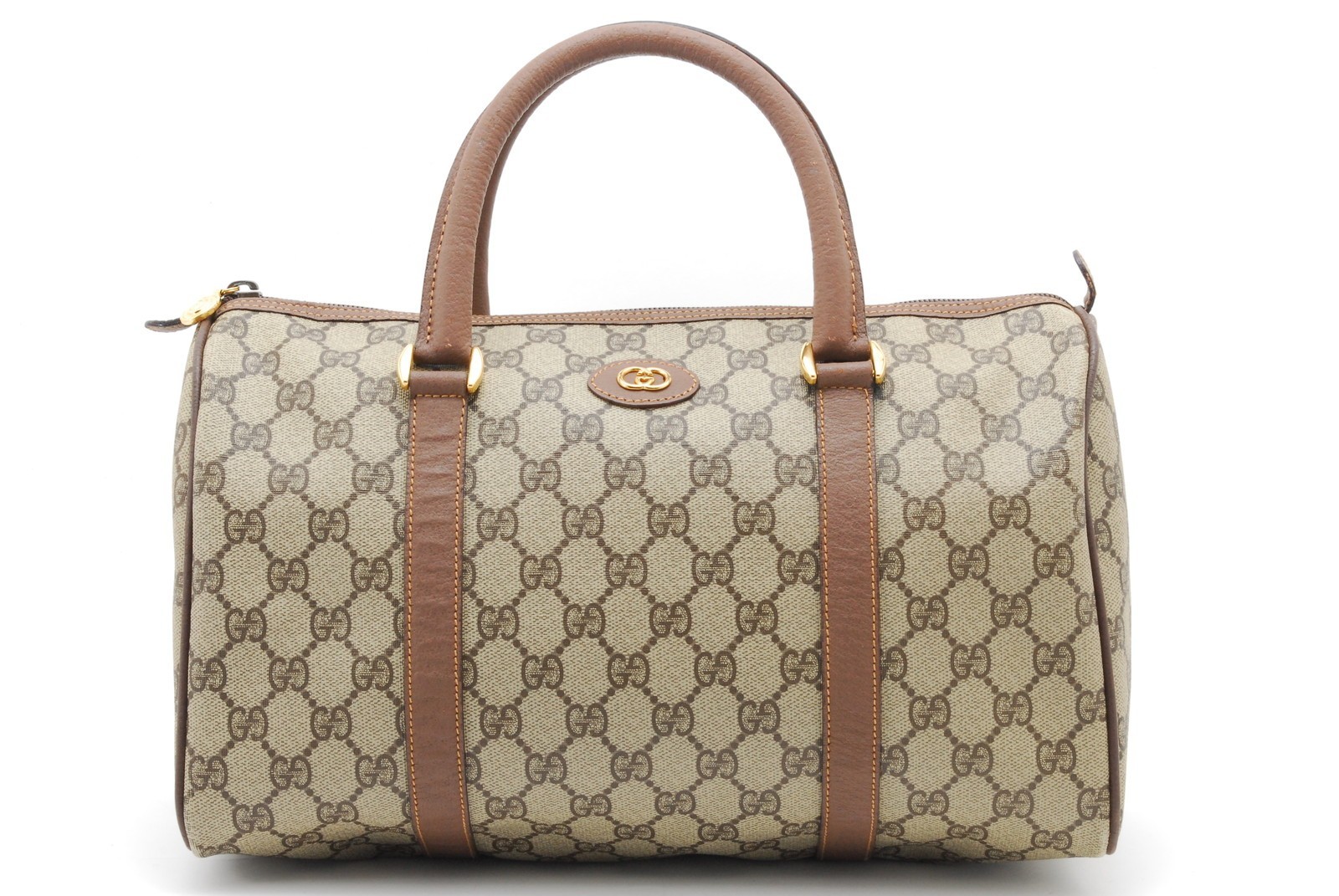 Gucci GG Supreme Canvas Leather Boston Bag Beige Brown