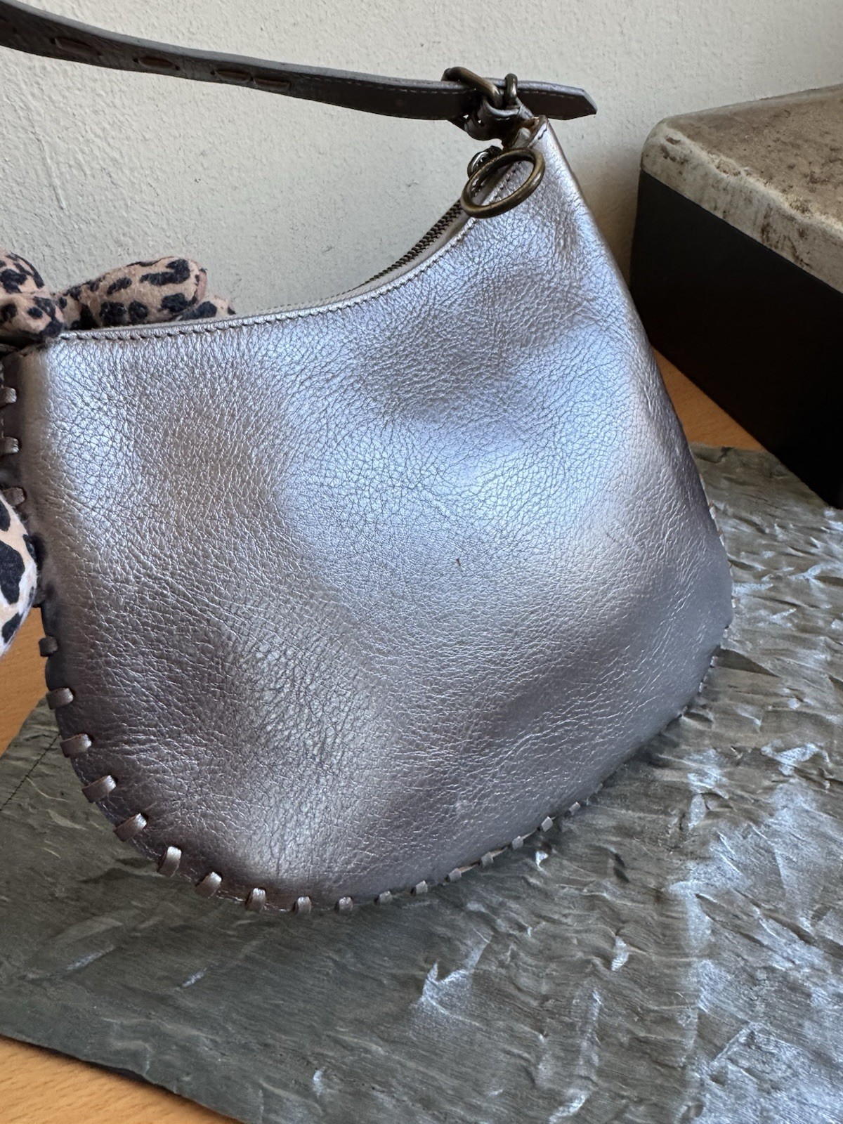 FENDI OYSTER LEATHER METALLIC SILVER SHOULDER BAG SMALL ITALY