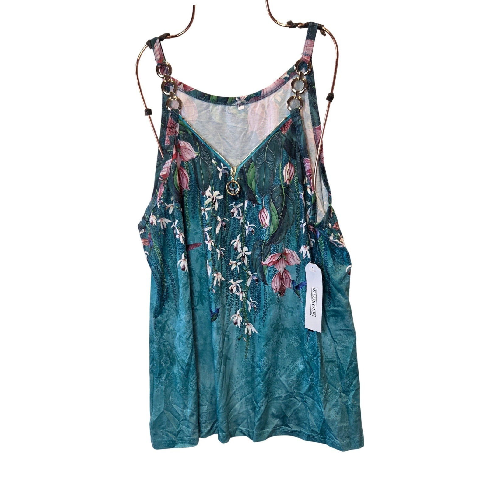 Saukole Tank Top Women XL Green Floral Zipper Chain Strap Tropical Boho NWT