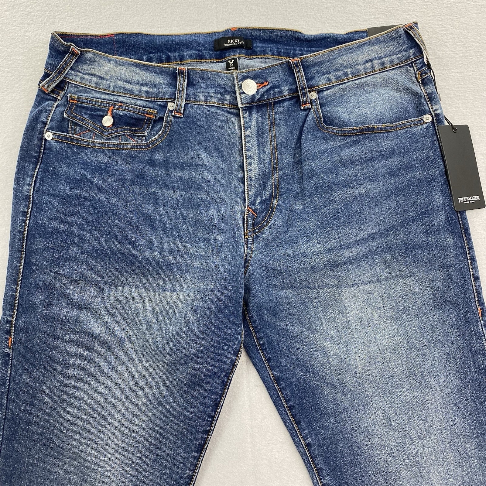 True Religion Jeans Mens 36×34 Blue Denim Ricky Relaxed Straight Flap Pockets
