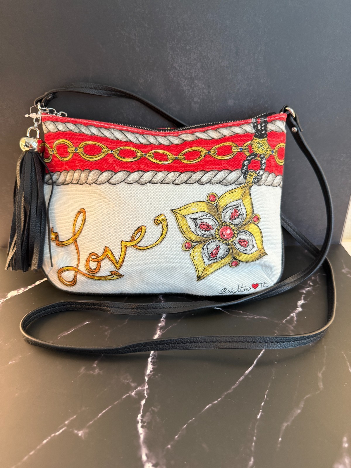 Brighton Glitter And Go “LOVE” Crossbody Purse Pouch Bag With Tassel