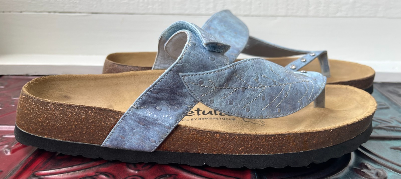 Betula Birkenstock Bombay Leaf Sandal Womens 8 EU 39 Blue Leather Birko Flor