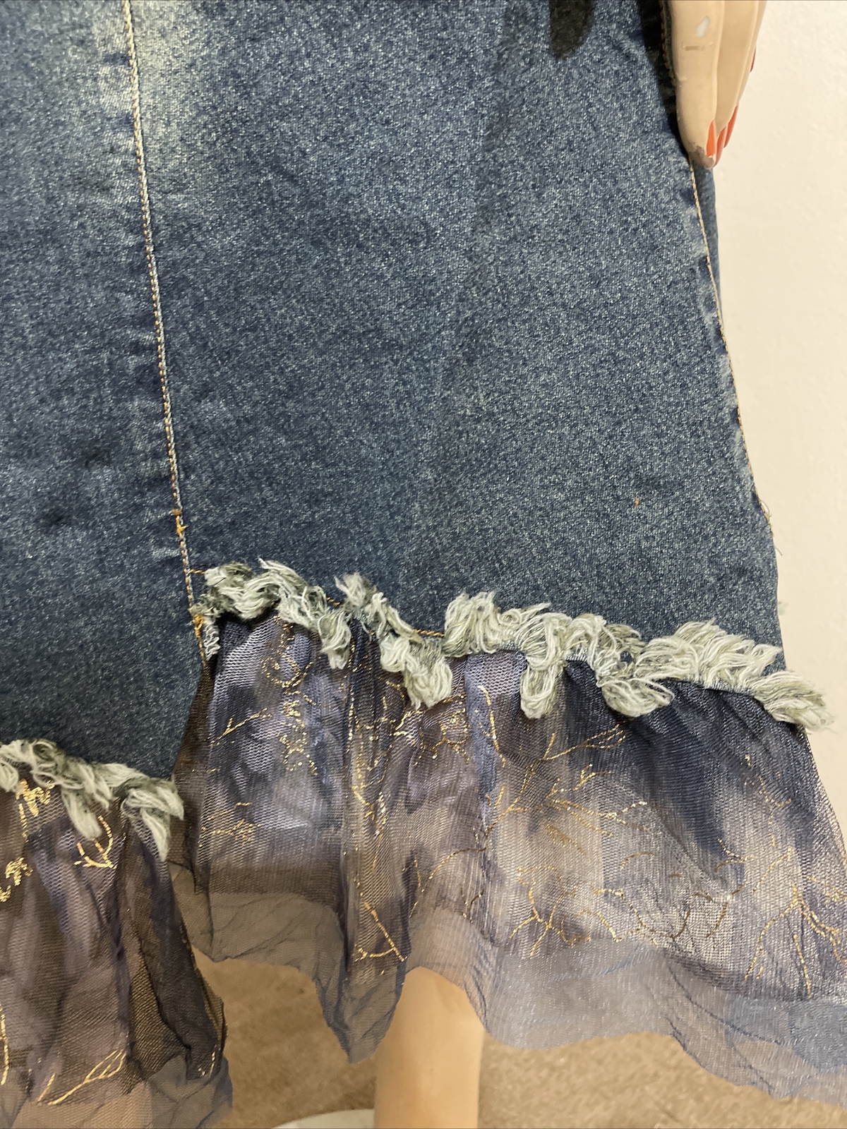 Blue Denim Beaded Embroidery Lace Boho Asymmetric Zip Size XL (10-12) Skirt 9002