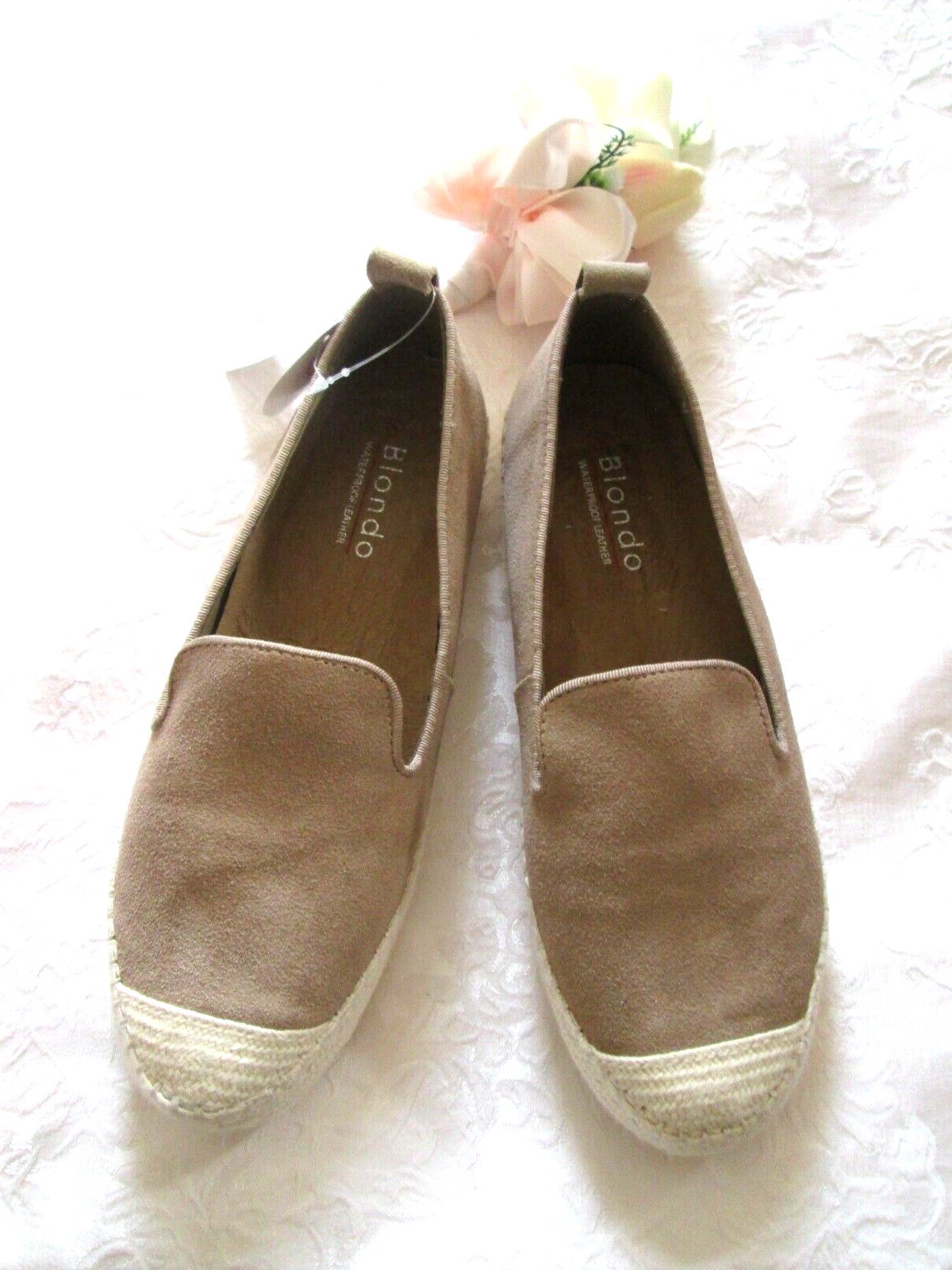 BLONDO WATERPROOF LEATHER SUEDE 7M LT TAN ESPADRILLE FLAT SHOES SEALED SEAMS NEW