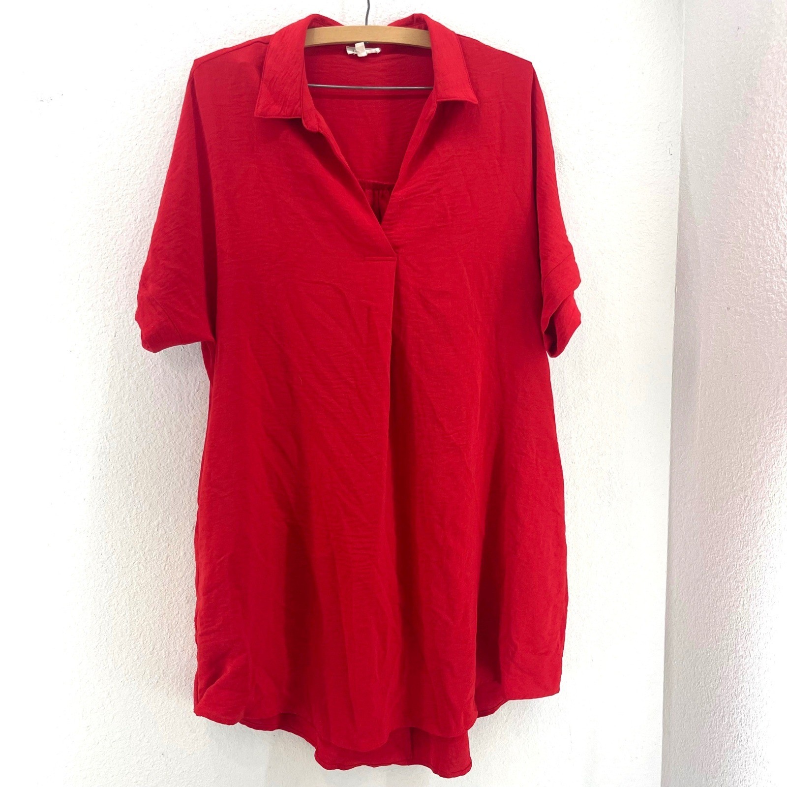 Shift Shirt Dress Womens M Collared Short Sleeve V Neck Casual Pockets Midi