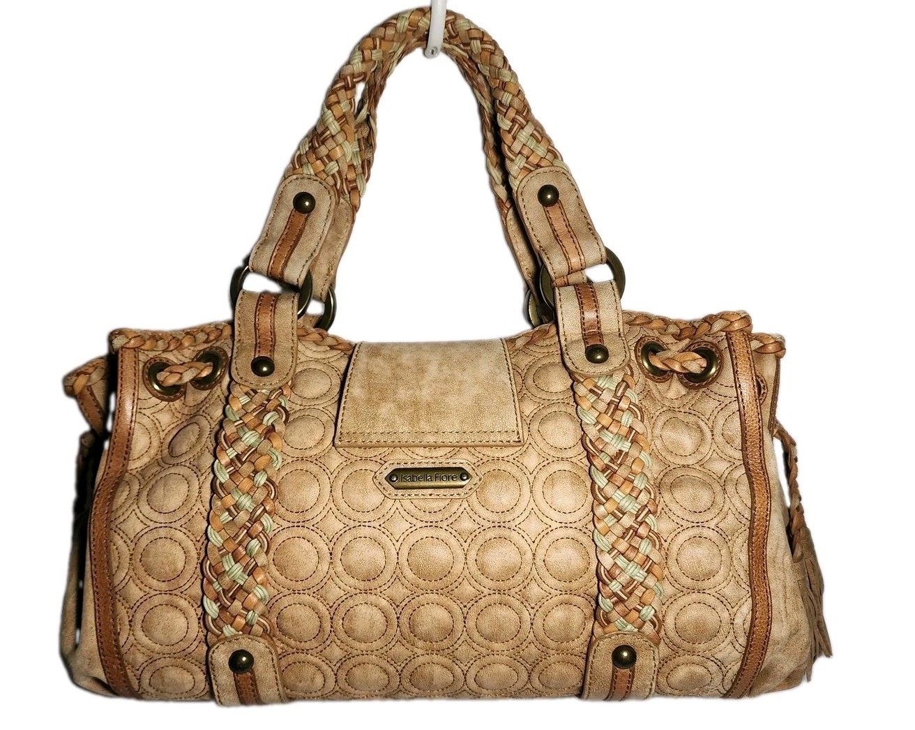 ISABELLA FIORE KISSES AND HUGS EMBROIDERED X’S AND O’S LARGE LEATHER HANDBAG$739