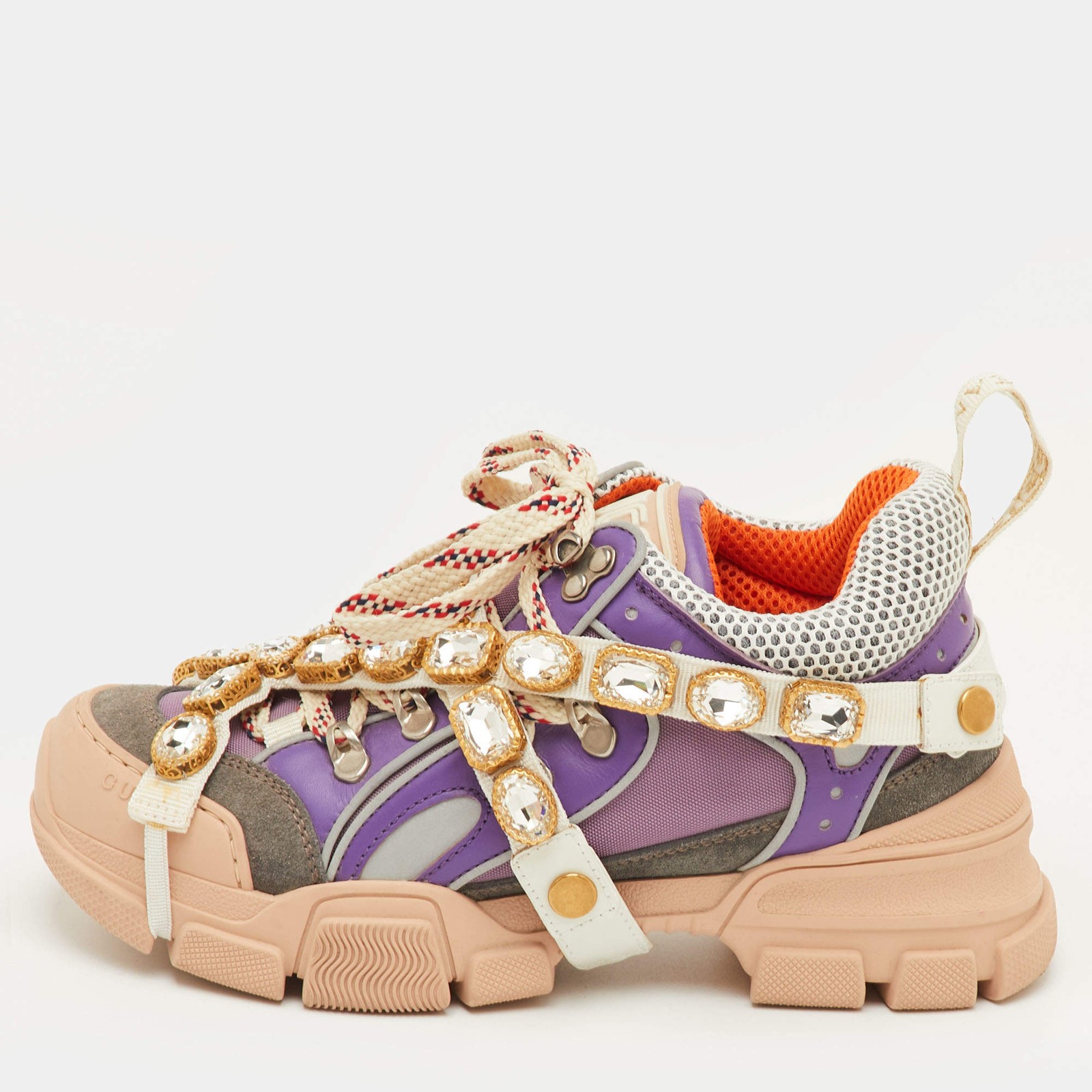 Gucci Flashtrek Size 37.5 Multicolor Mesh and Leather Removable Crystals